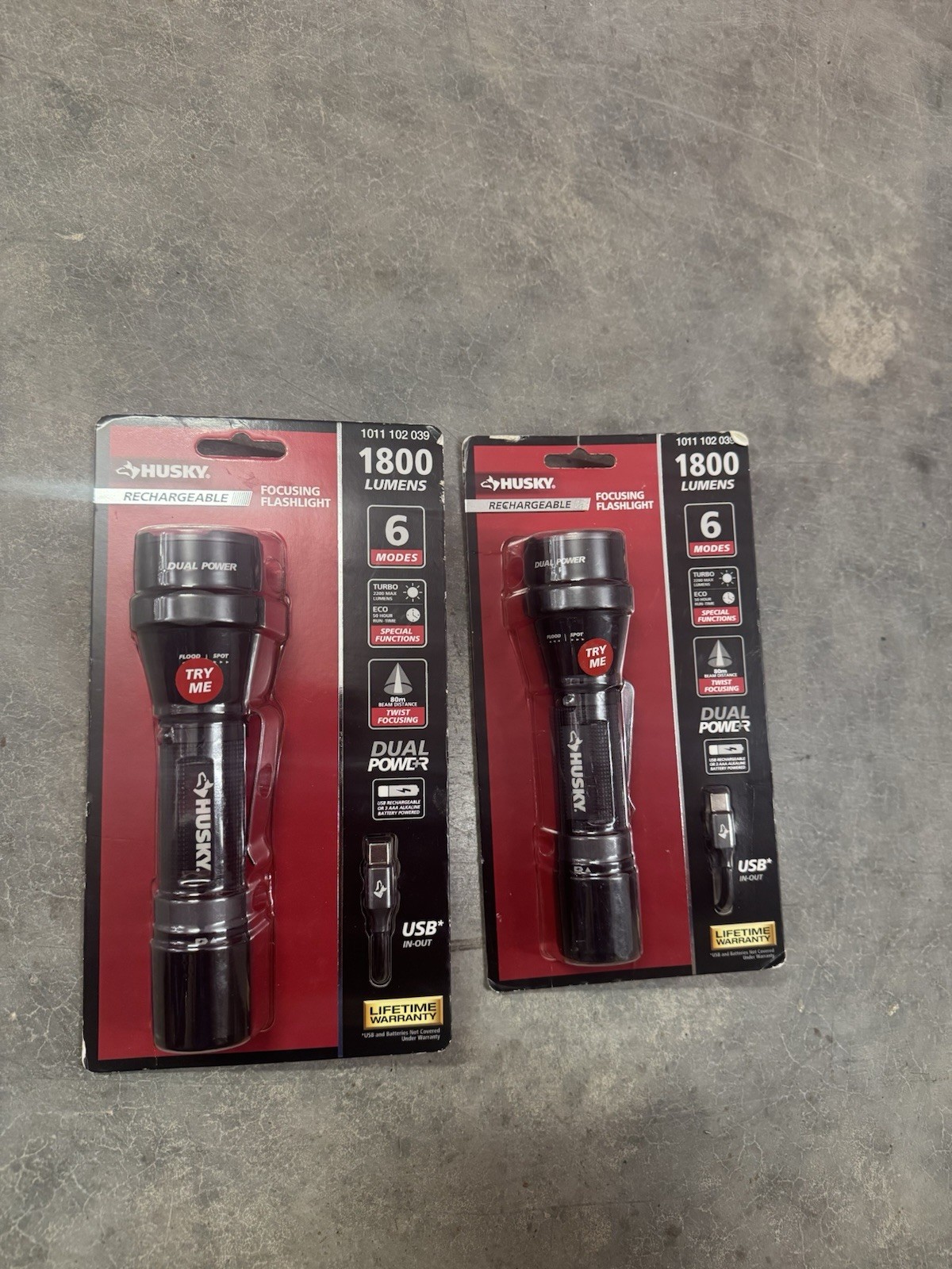 (2) Husky 1800 Lumens Dual Power LED Rechargeable Tactical Flashlights