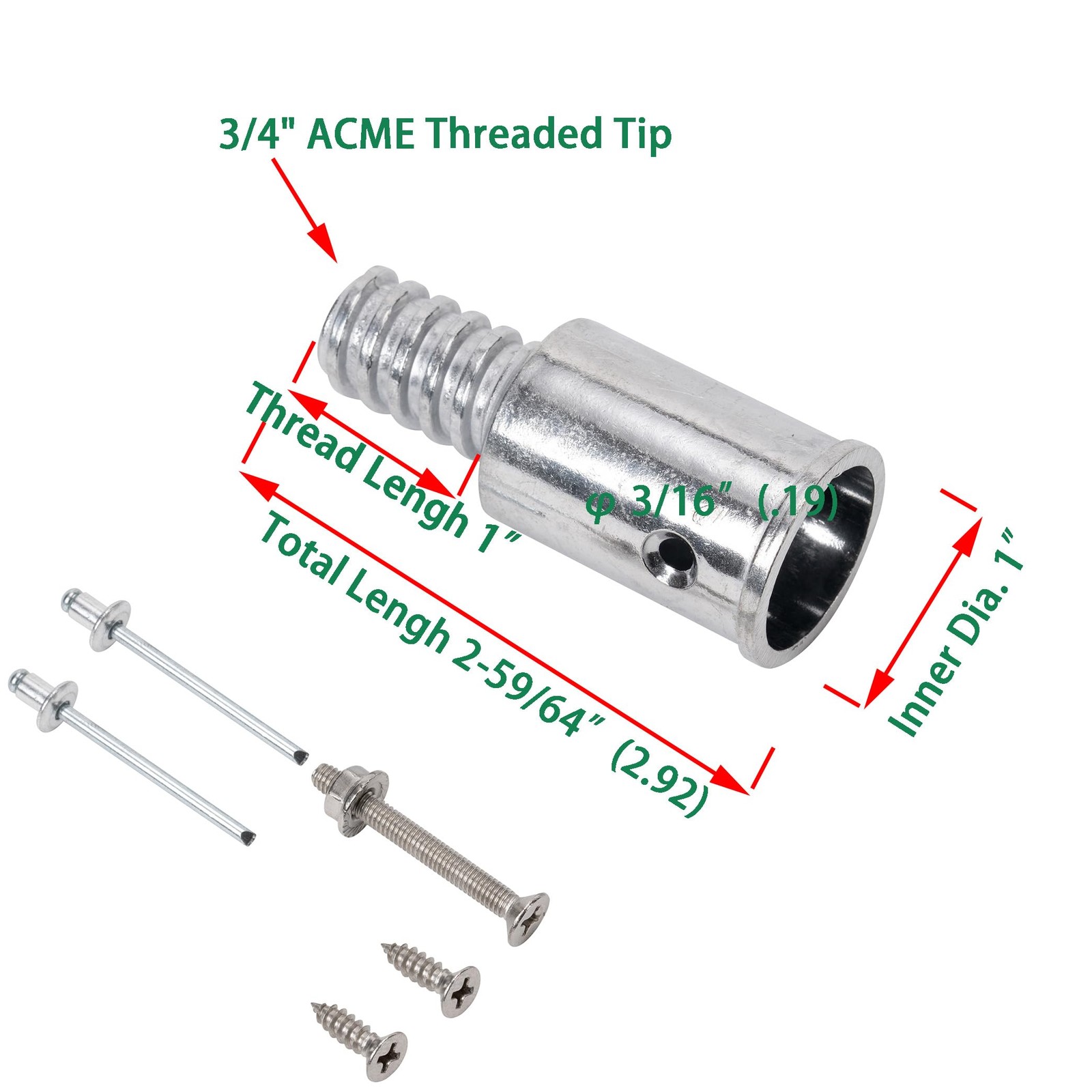 EESC2Y Threaded Tips Replacement for Extension Poles 1 in & 3/4 in, Sliver