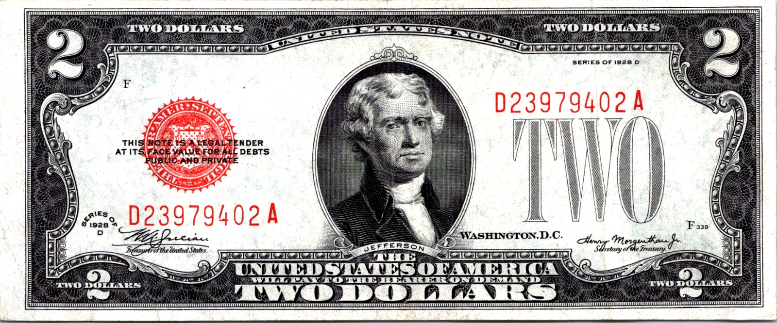 1928-D $2 Legal Tender "RED SEAL" CVF-XF
