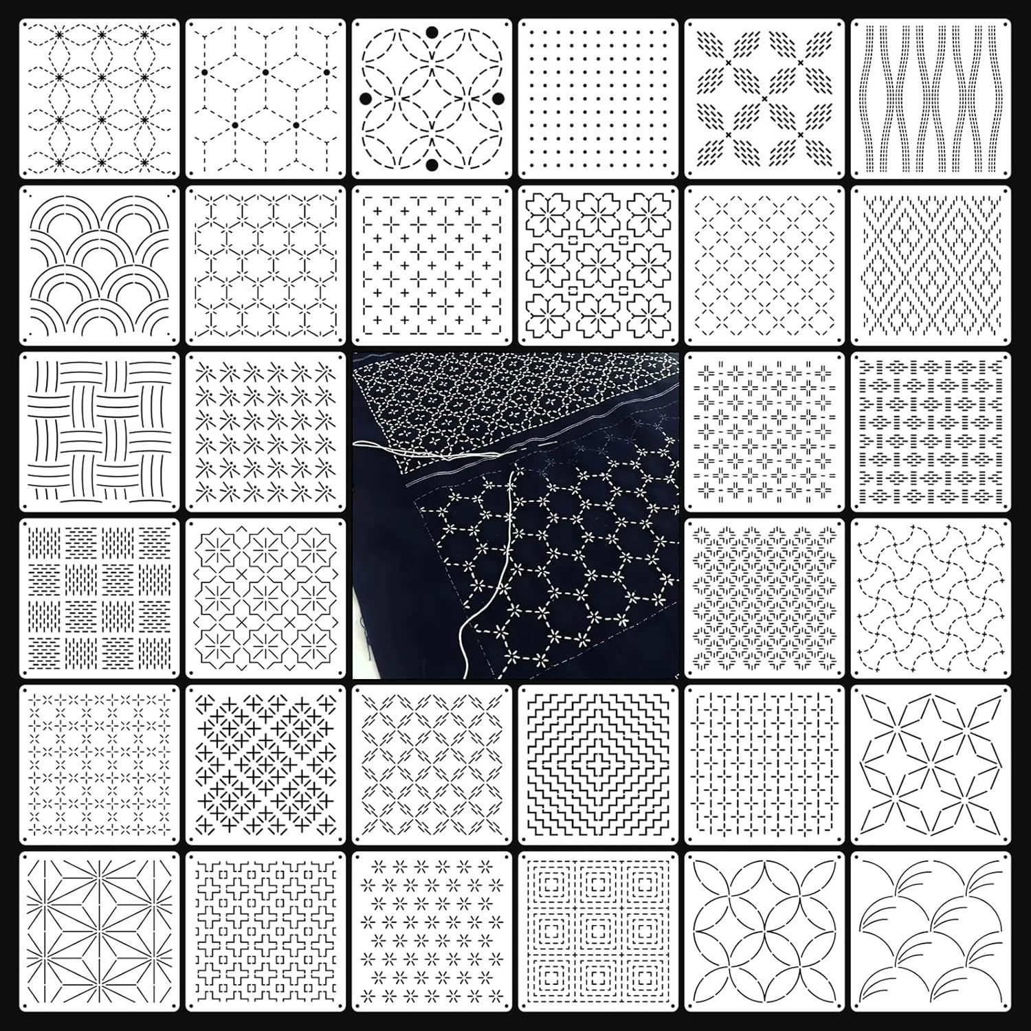 32 PCS Sashiko Stencil Kit - Geometric Embroidery Templates for Quilting
