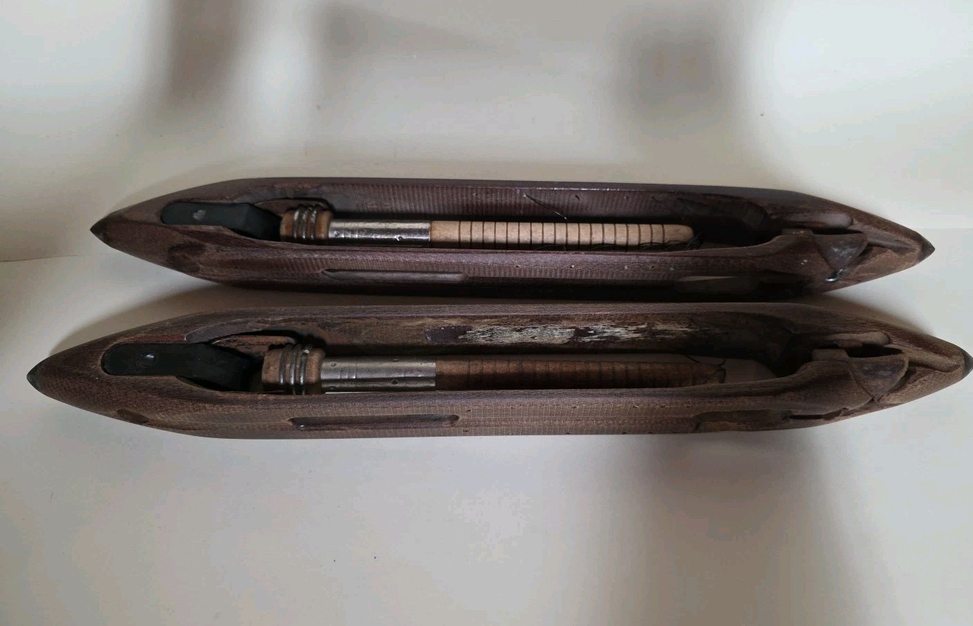 TWO Vintage/Antique Wood Loom Shuttle Boats Bobbin 16" ~ Textile Weaving