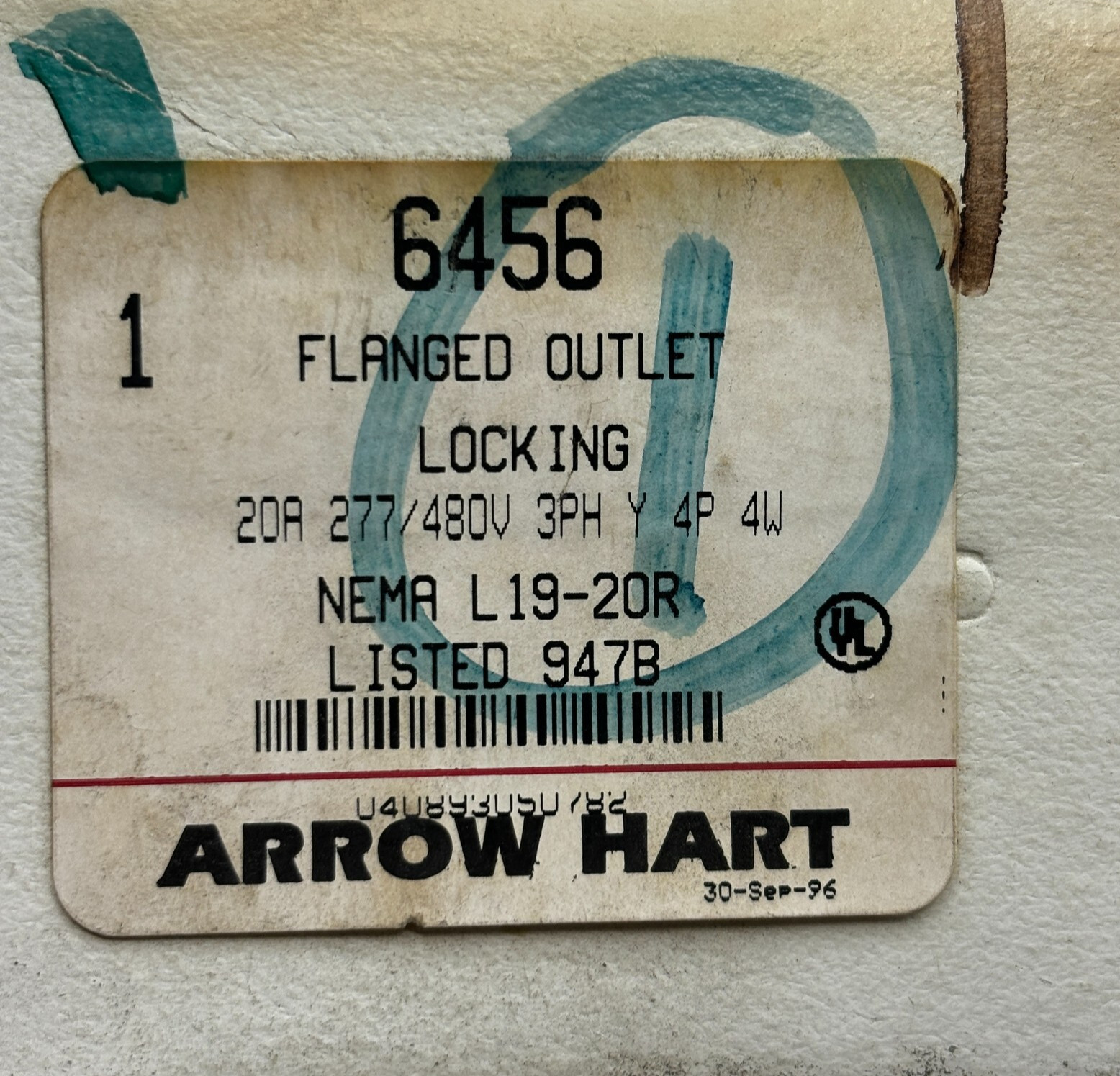 ARROW HART 6456 LOCKING FLANGED OUTLET 20A 277 3PH 3P 4W GRD NEMA L19-20R 🔔