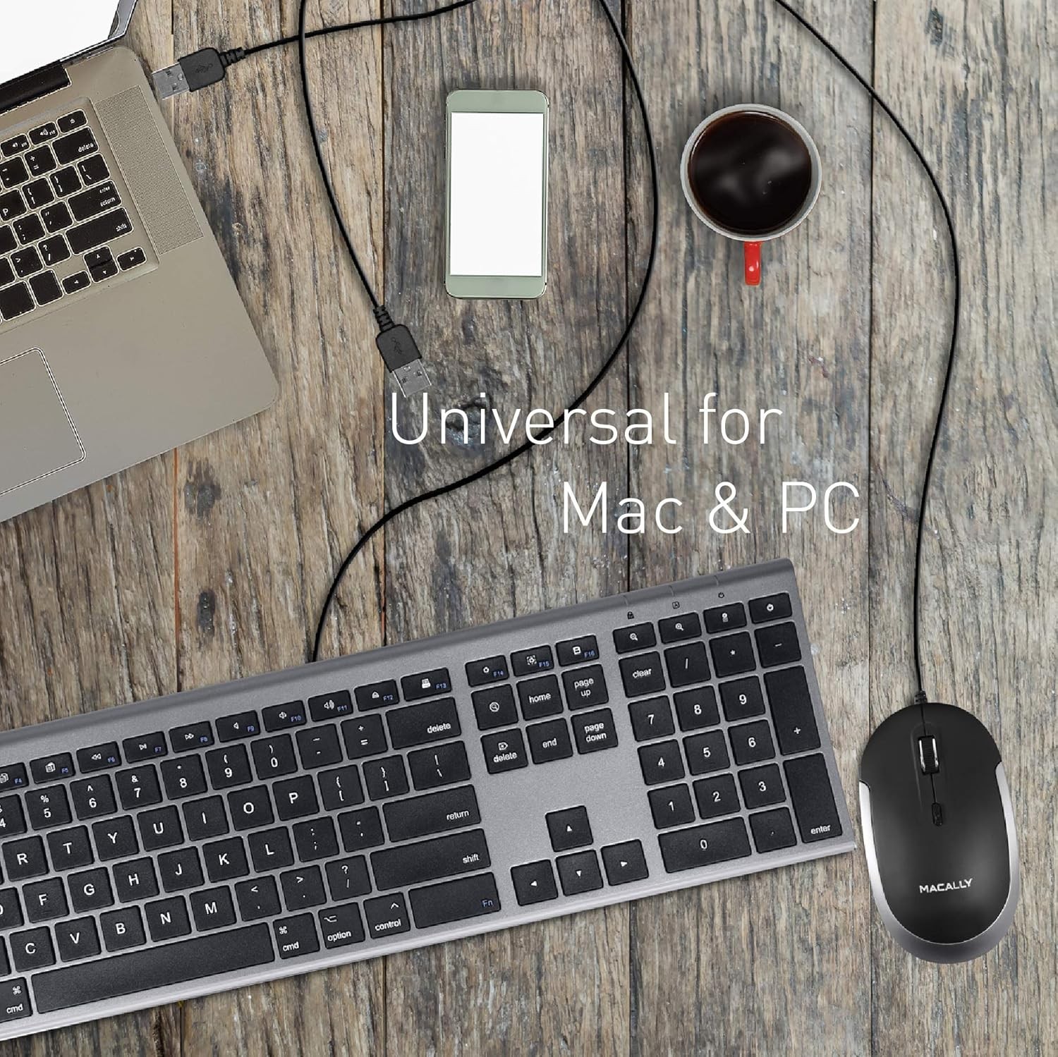 Macally Silent Wired Mouse - Slim & Compact USB Black with Space Gray Trim