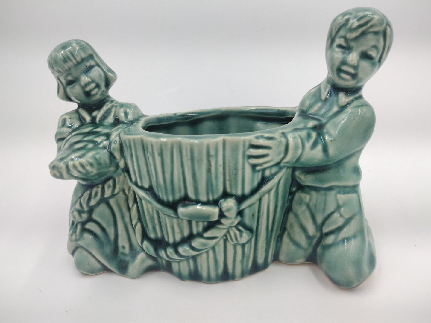 Vintage Pottery Girl & Boy Kneeling by Wooden Bucket-Pail Green Unmarked Planter