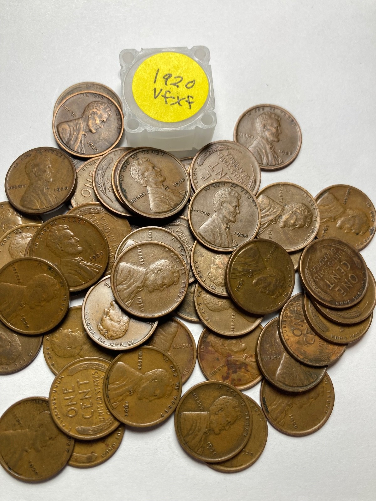 1920-P LINCOLN WHEAT CENT PENNY ROLL, all coins "very fine/extremely fine" grade