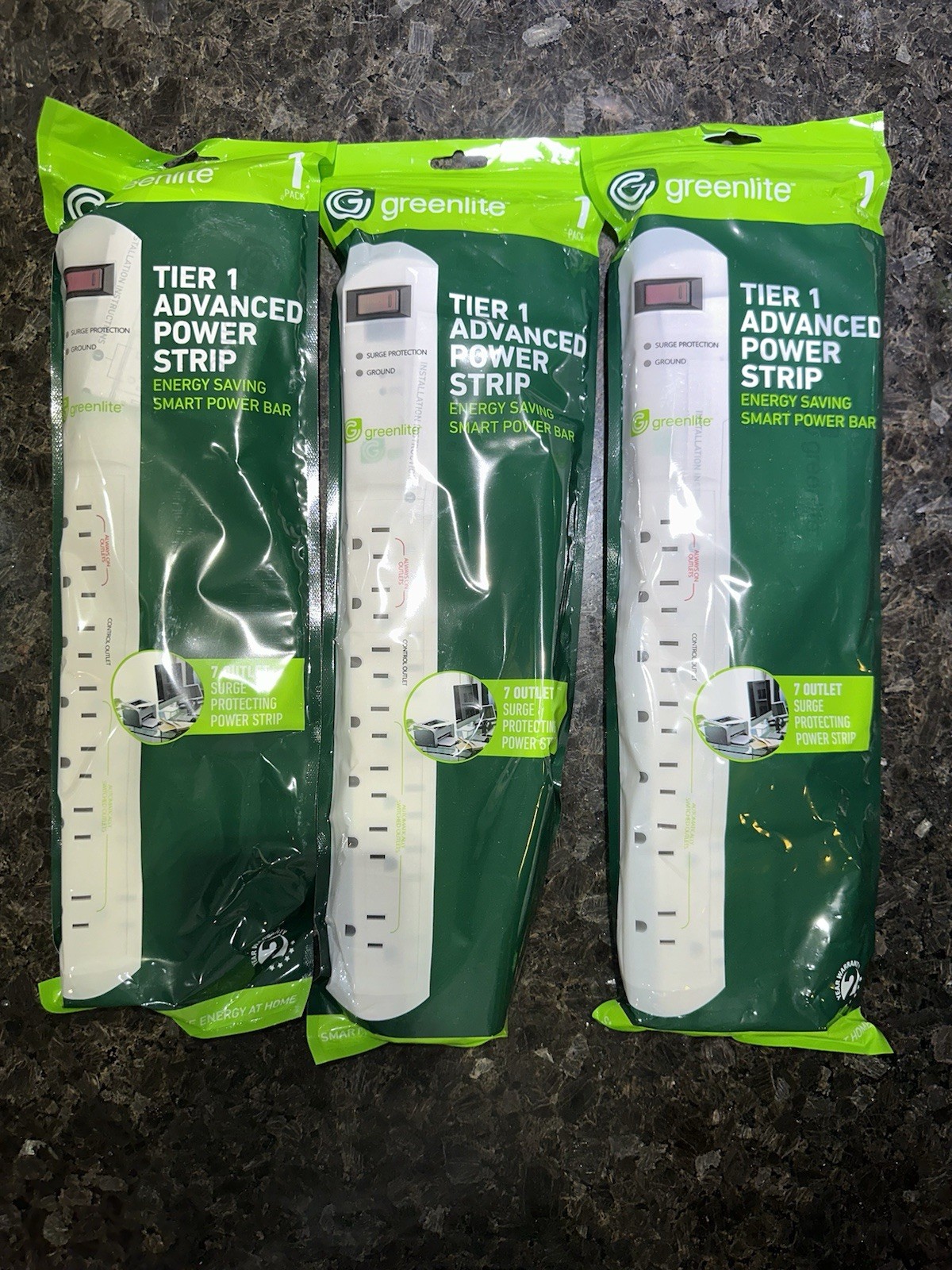 Greenlite Tier 1 Advanced 7 Outlet Surge Protecting Power Strips. Quantity: 5