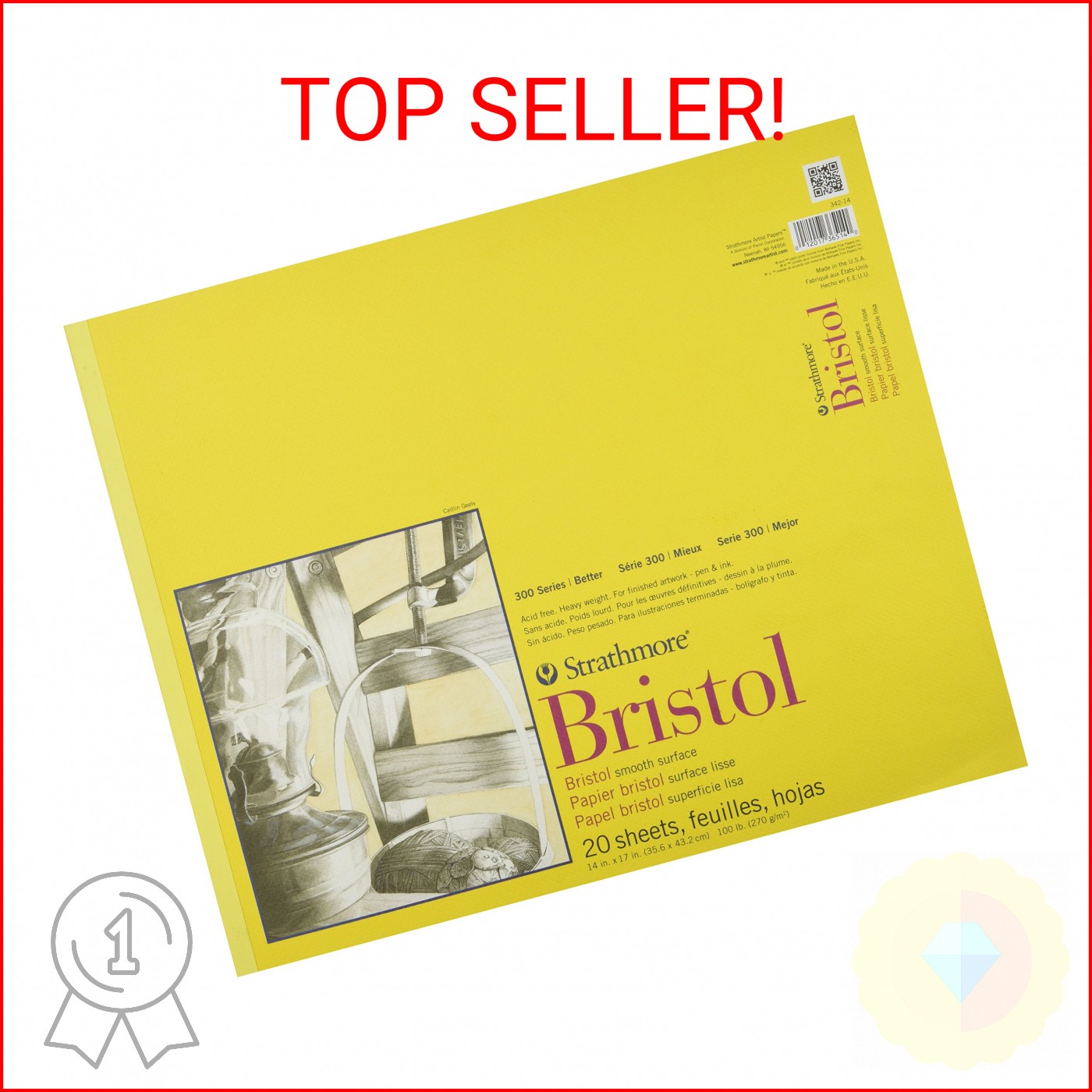 Strathmore 300 Series Bristol Paper Pad, Smooth, Tape Bound, 14x17 inches, 20 Sh