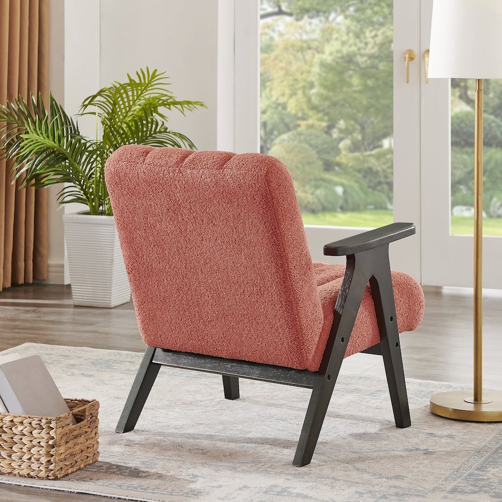 Rella Modern Teddy Sherpa Accent Chair with Espresso Wood Frame, Coral