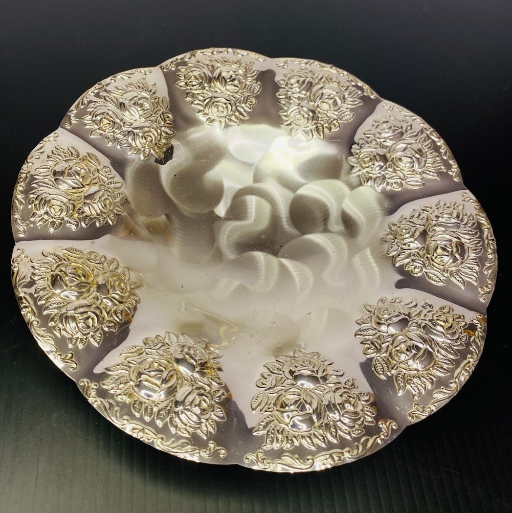 VTG BMF Germany Silver Plated Dish Footed Embossed Roses Trinket Dish 7”