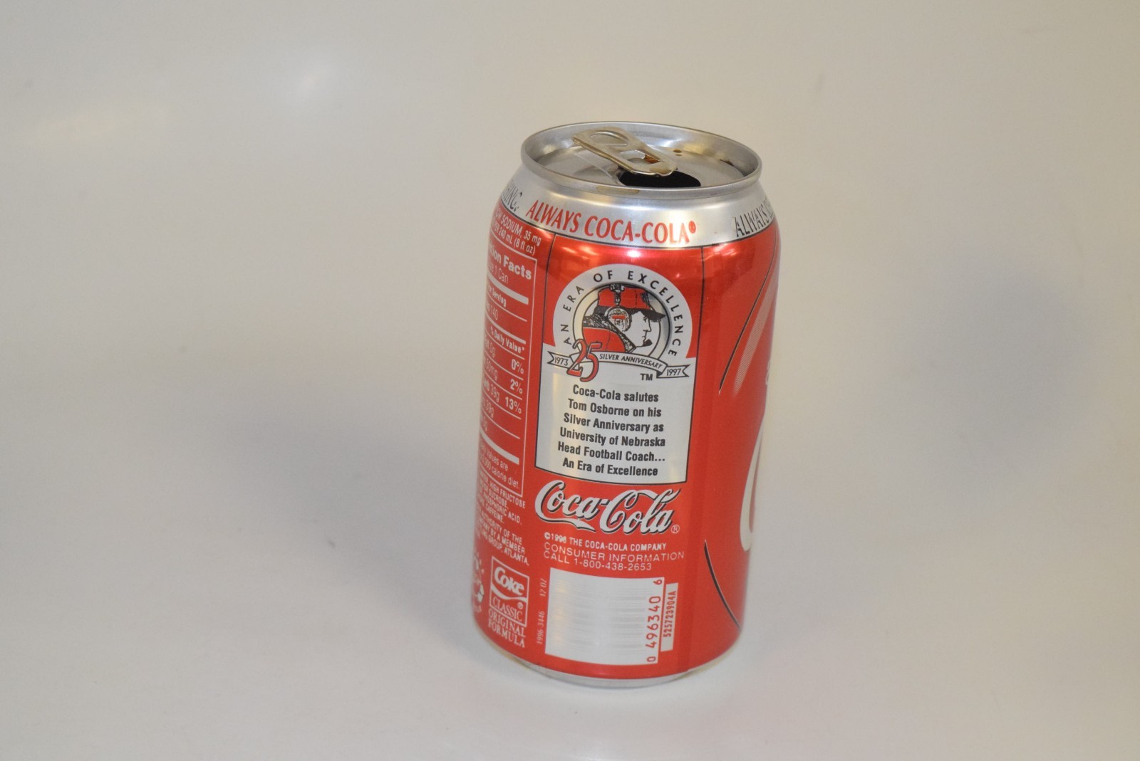 COCA-COLA TOM OSBORNE NEBRASKA CORNHUSKER SODA CAN 12 OZ. VINTAGE COLLECTIBLE.