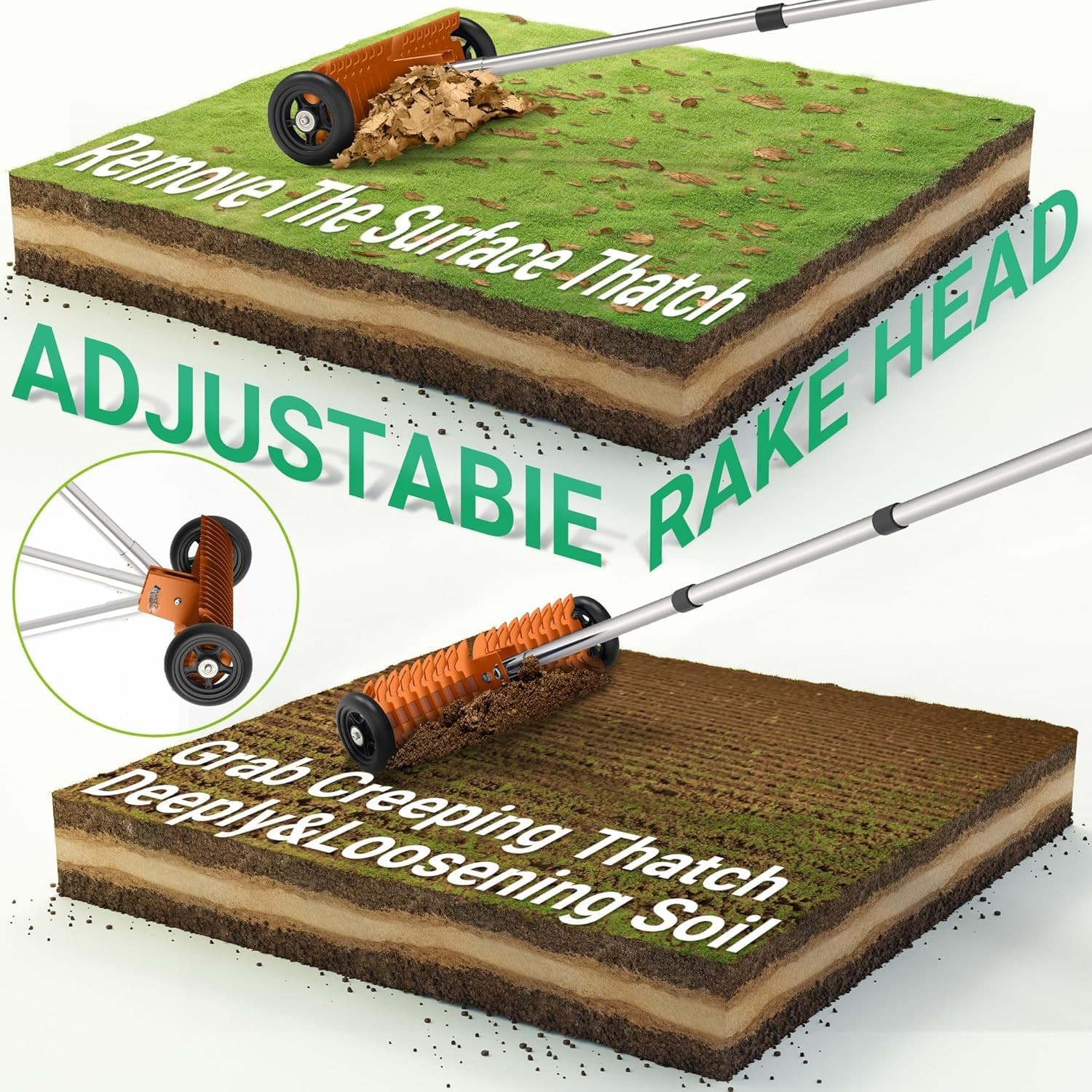 15Inch Thatch Rake, Adjustable HeavyDuty Dethatcher for Lawn Care