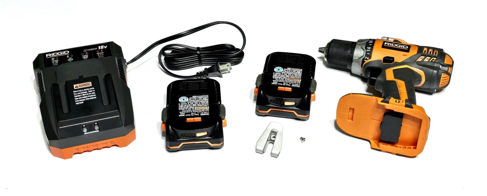 RIDGID R86008, Drill, Charger, 2-Batteries & Clip, 18V, 1/2 Chuck, Brushless