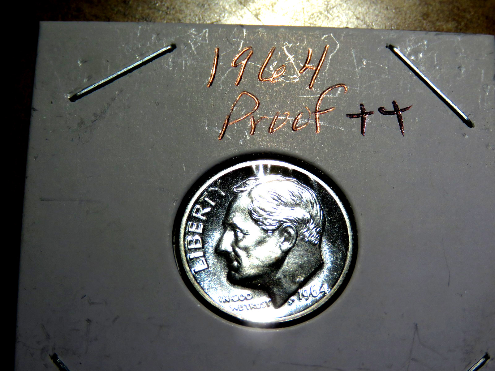 A BEAUTIFUL PROOF 1964 ROOSEVELT .90% SILVER DIME IN 2X2 CARDBOARD HOLDER O1