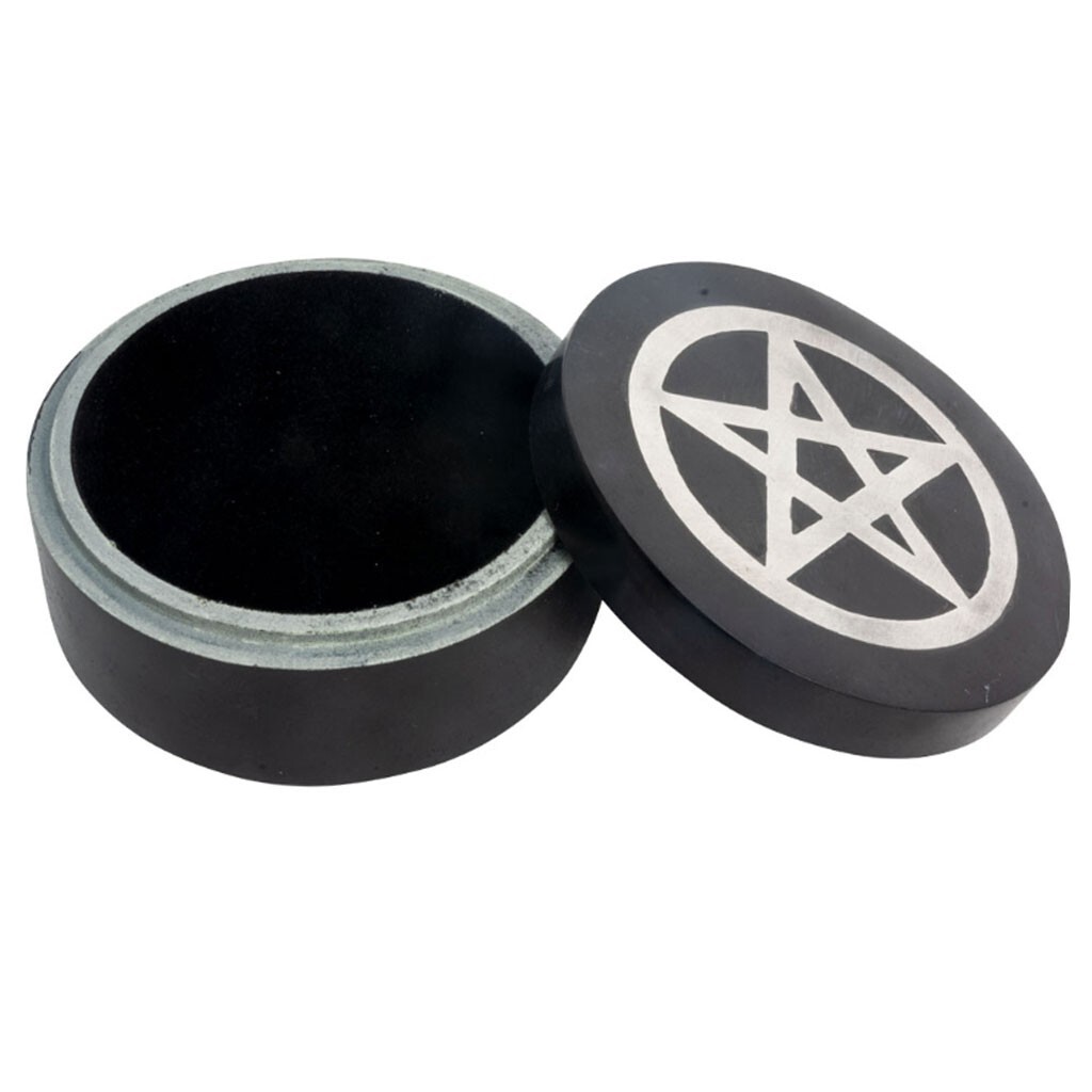NEW Pentagram Inlaid Soapstone Trinket Box 4" Round Black & Silver Pentacle