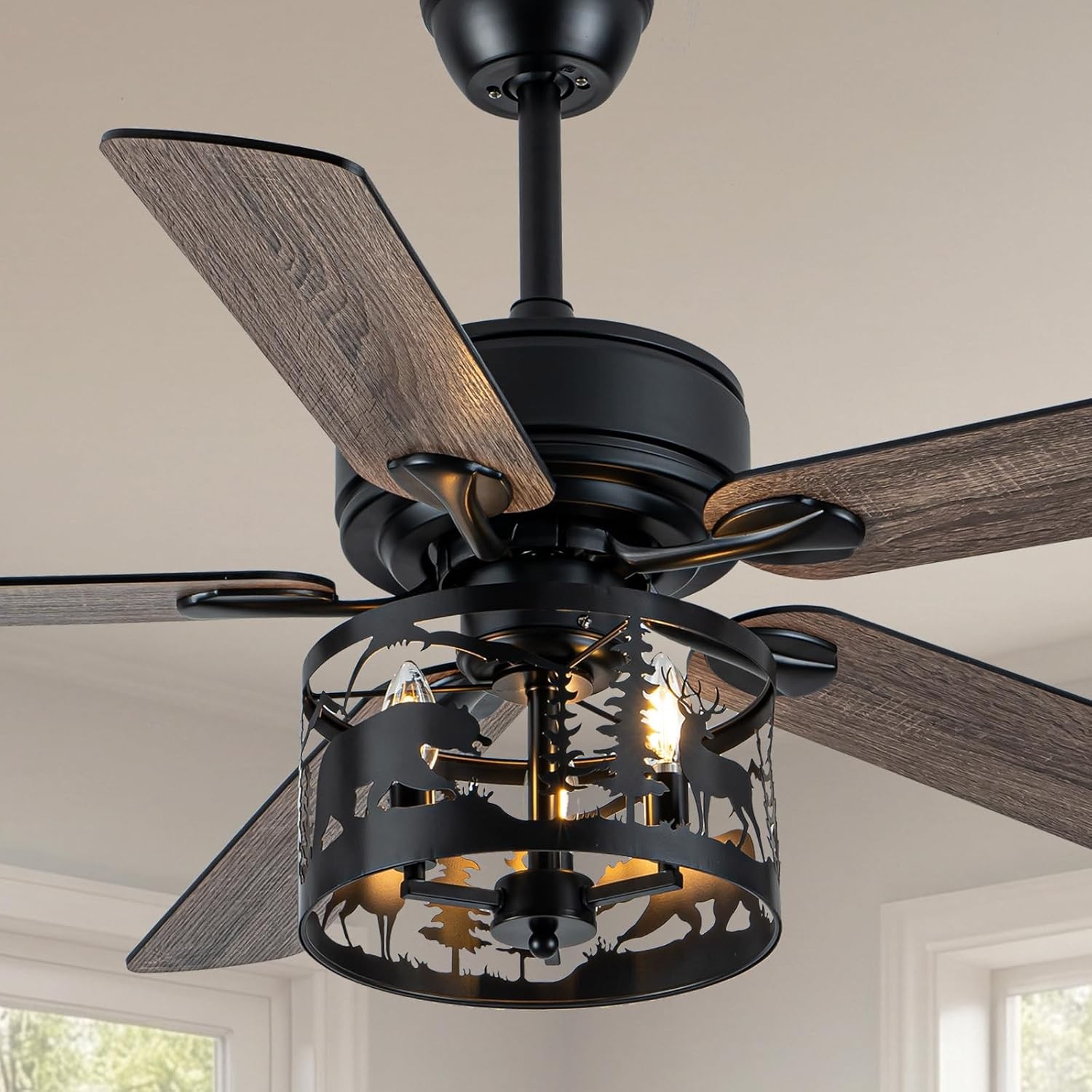 52 inch Farmhouse Ceiling Fan with Light and Remote Control Black Rustic