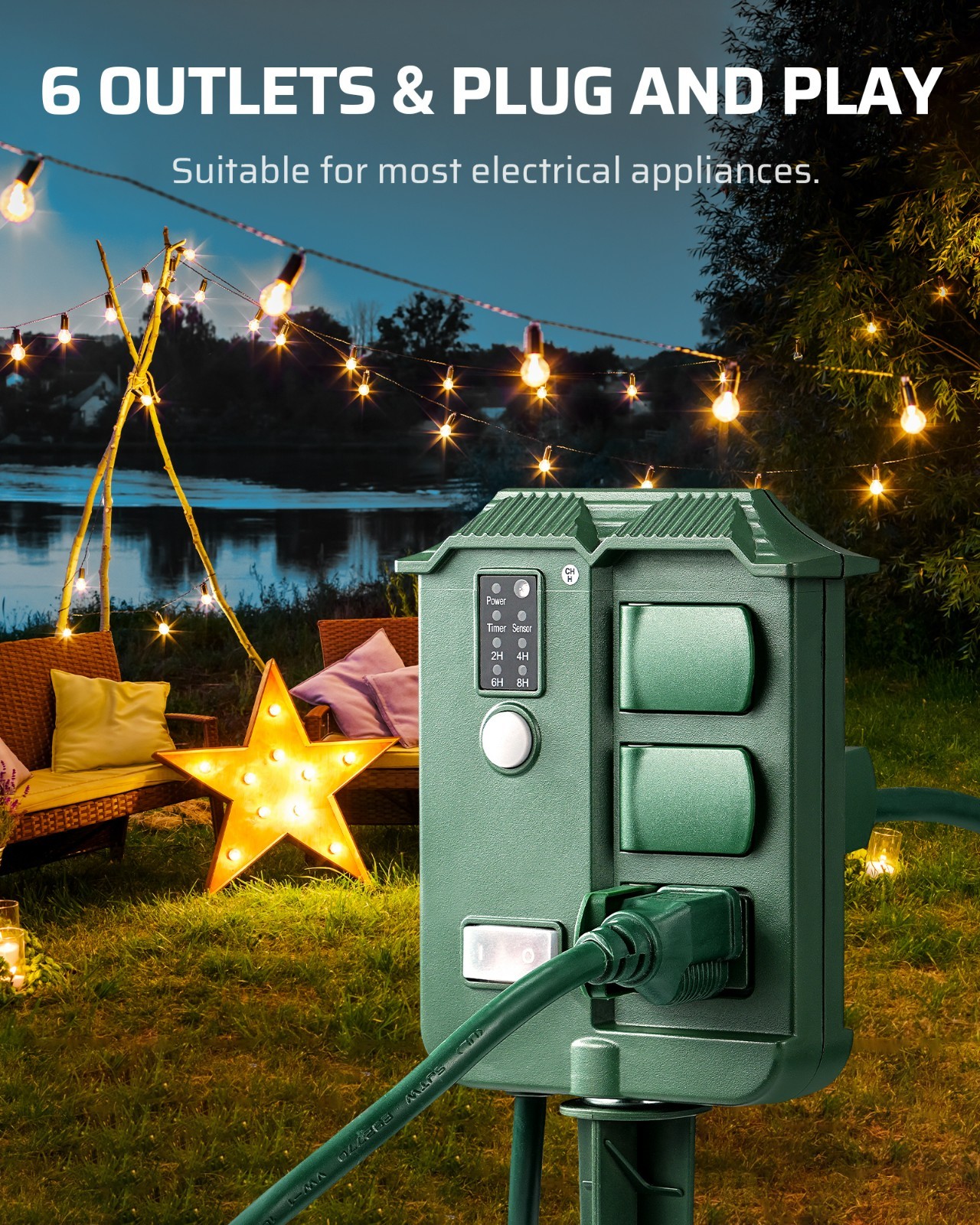 DEWENWILS Outdoor Power Stake Timer, 25FT Extension Cord, 100FT Range Remote