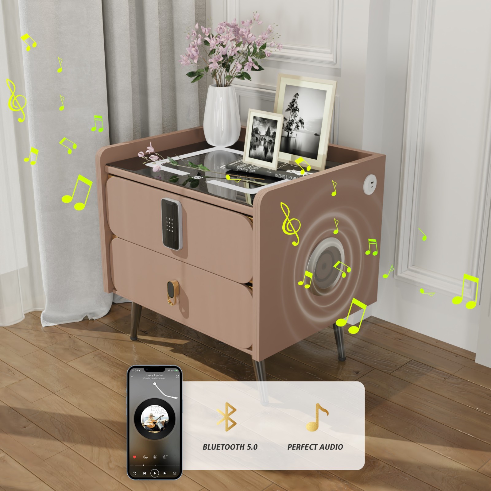 20" Tall Smart nightstand with combination lock &Bluetooth player(Light coffee)