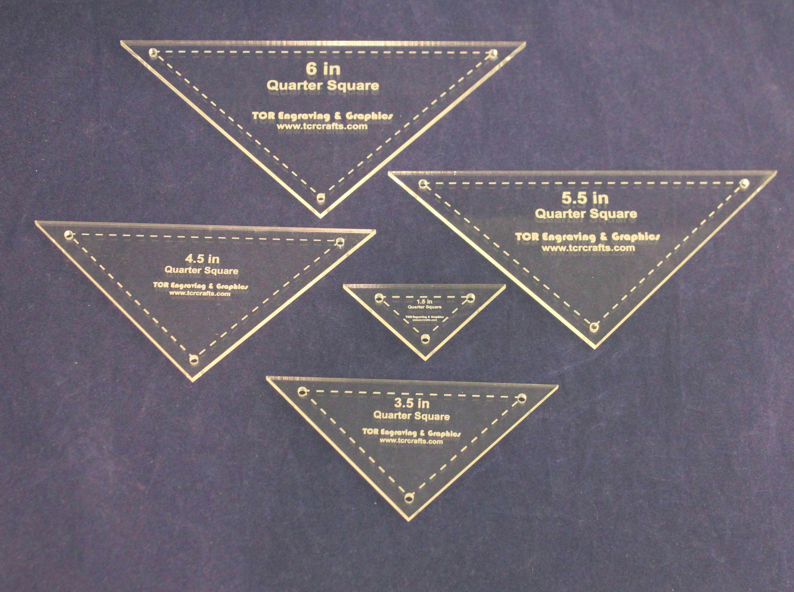 Quarter Square Templates. 1.5", 3.5", 4.5", 5.5", 6" With Seam - Clear 1/8"