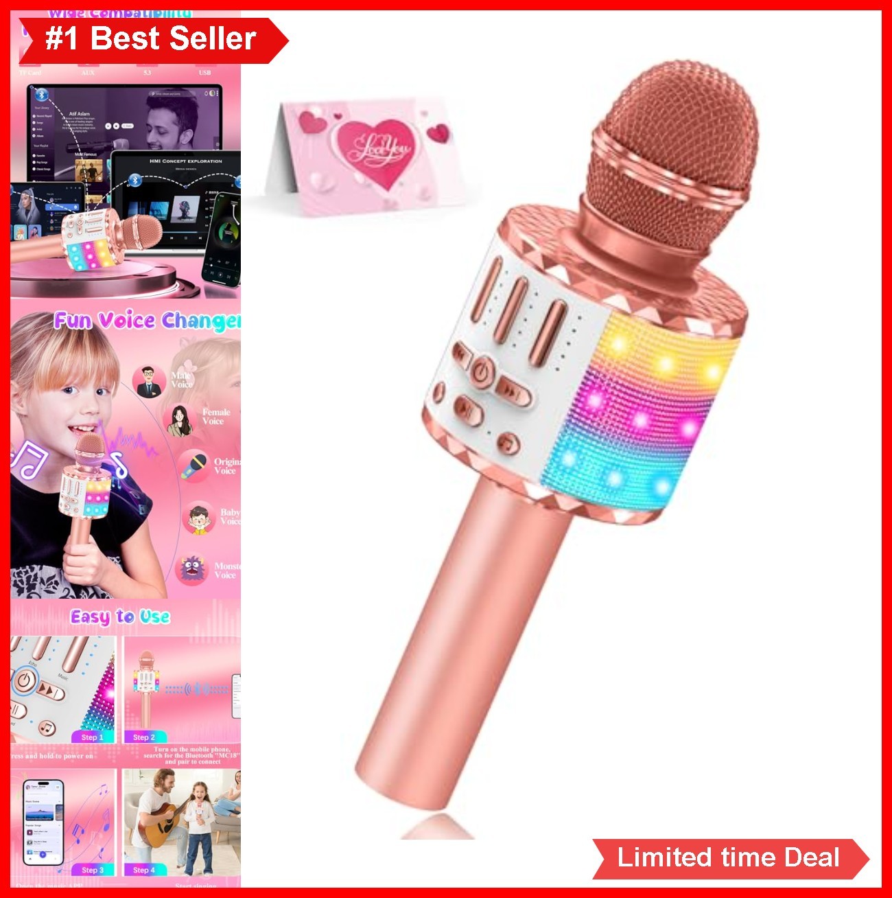 Wireless Bluetooth Karaoke Microphone for Kids 3-12 Voice Changing LED Lights