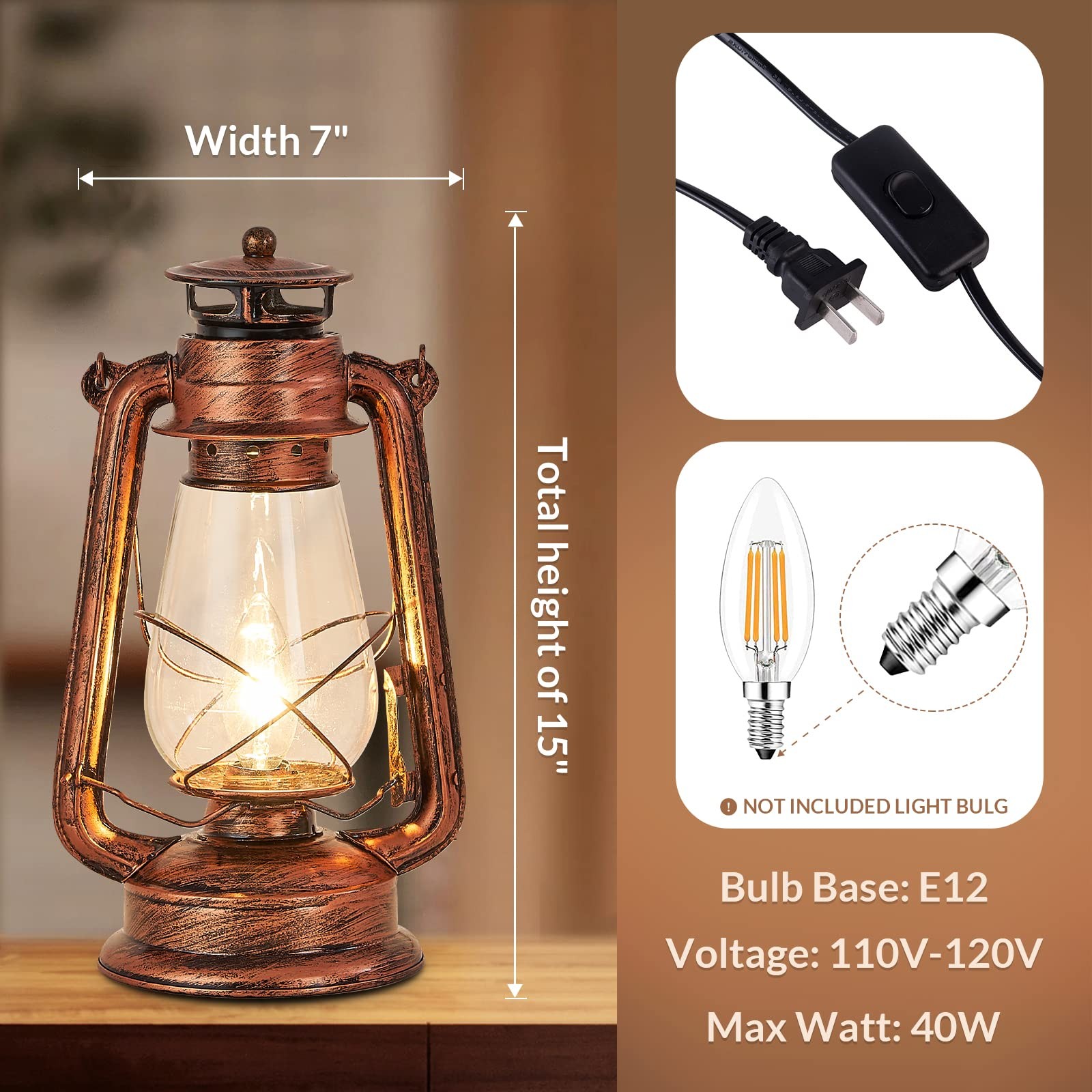 Rustic Lantern Table Lamp Plug-in Old Fashioned Night Light Perfect for Bedro...