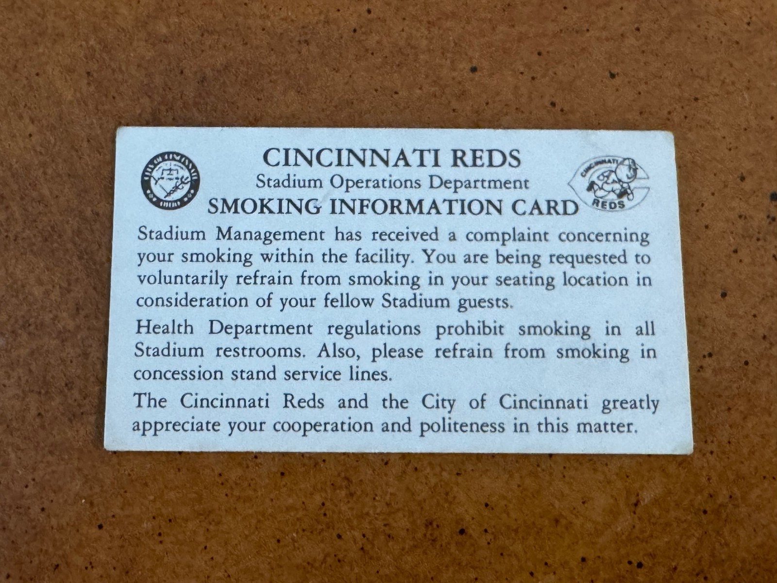 1995 Cincinnati Reds Baseball Stadium Operations Smoking Information Card