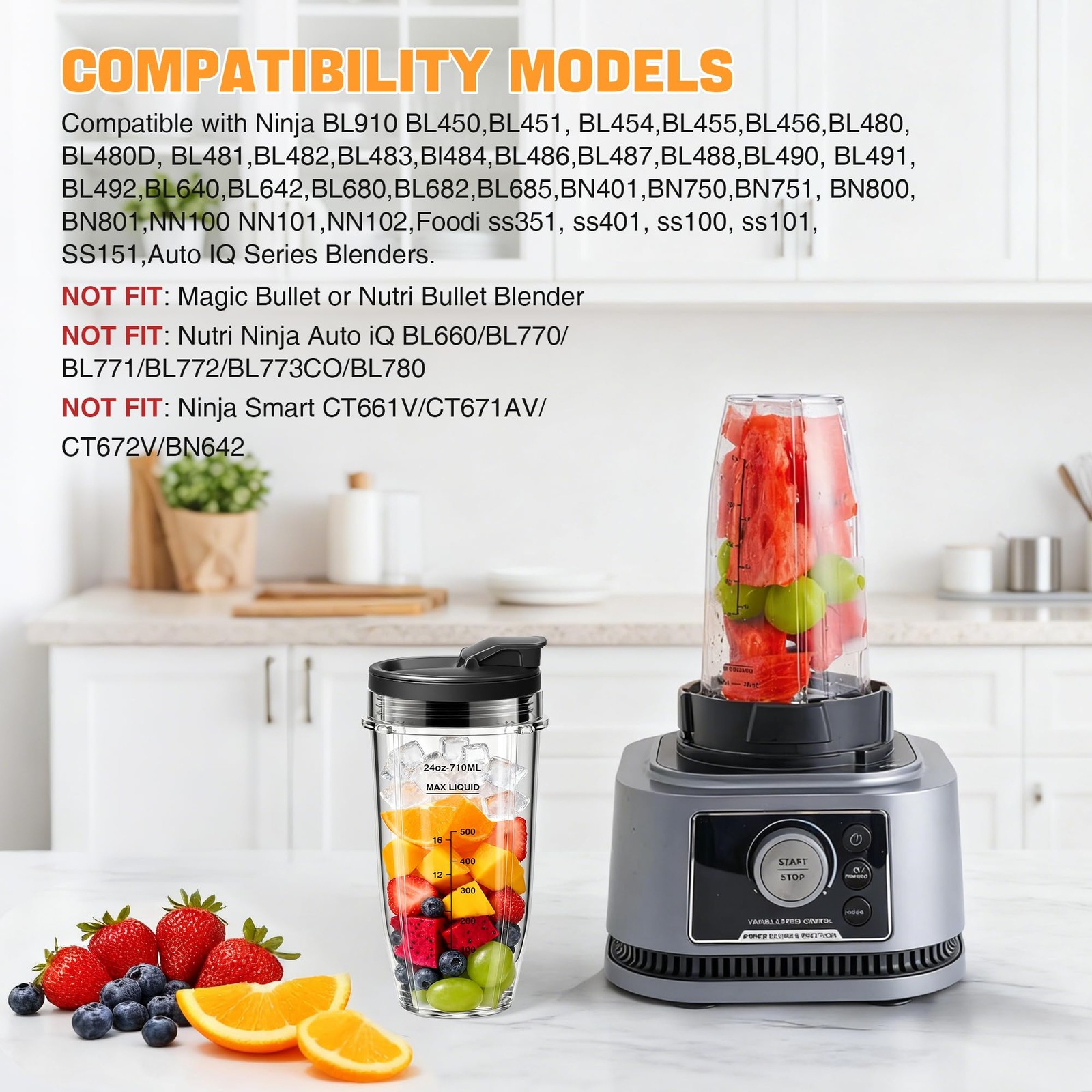 Replacement 24oz Blender Cups for Ninja 2-Pack, Leakproof Lids, Waterproof Wr...