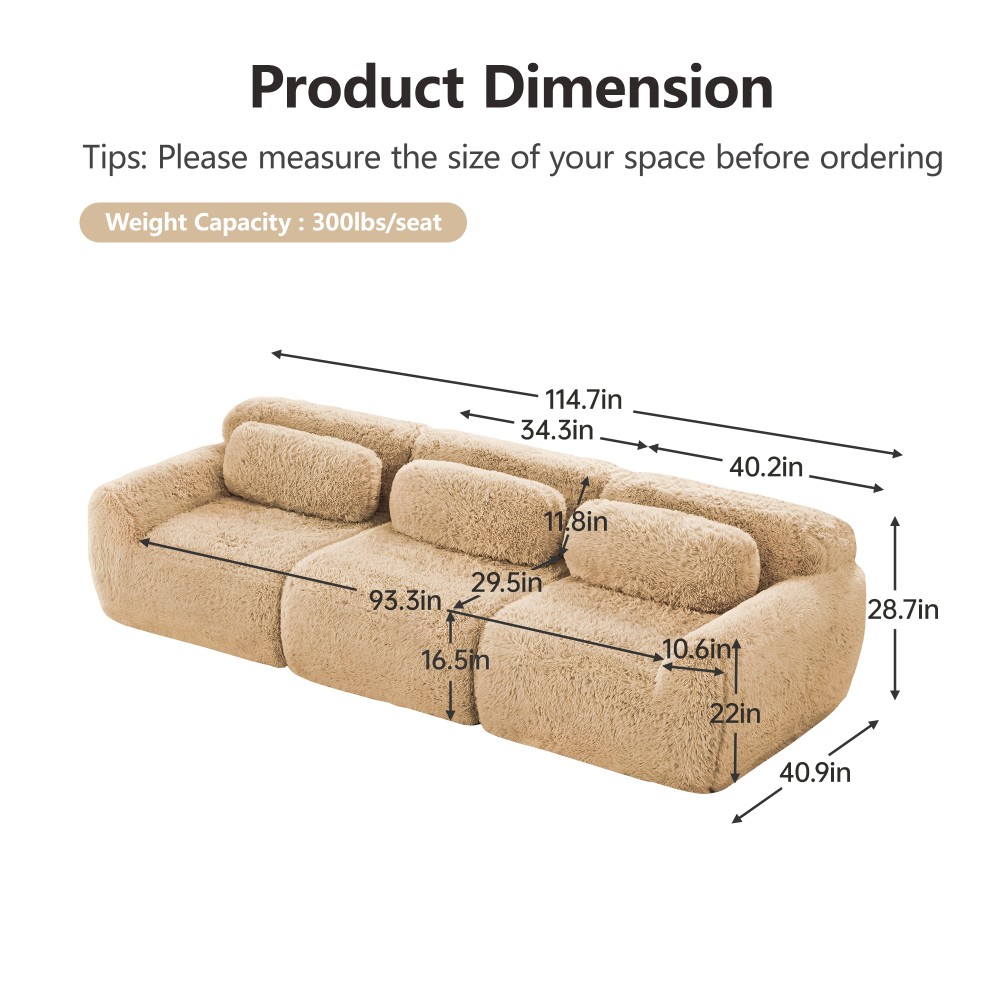 114'' Modular Sectional Sofa w/ Ottoman & Pillows, Plush Fabric, Light Khaki