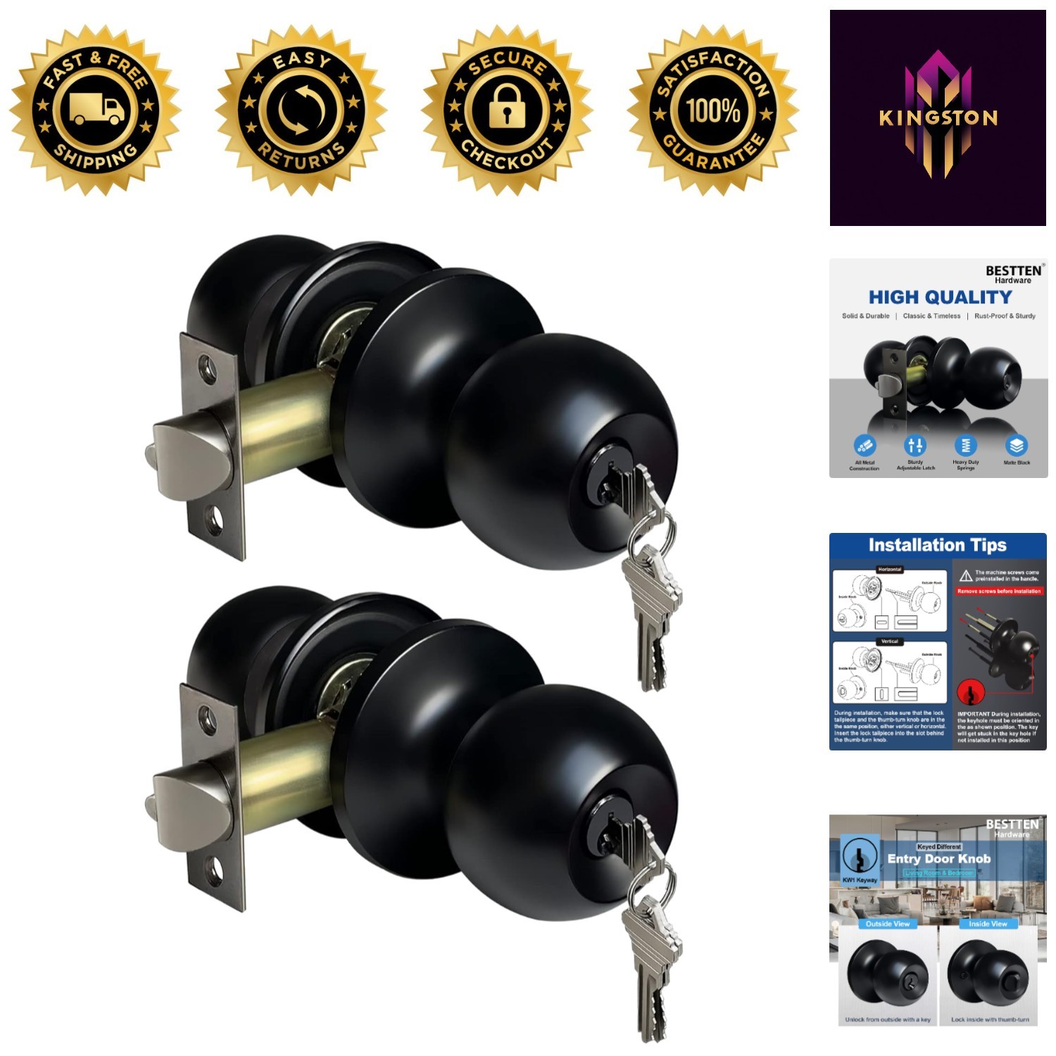 2 Pack Matte Black Keyed Entry Door Knobs – Elegant Security Solution