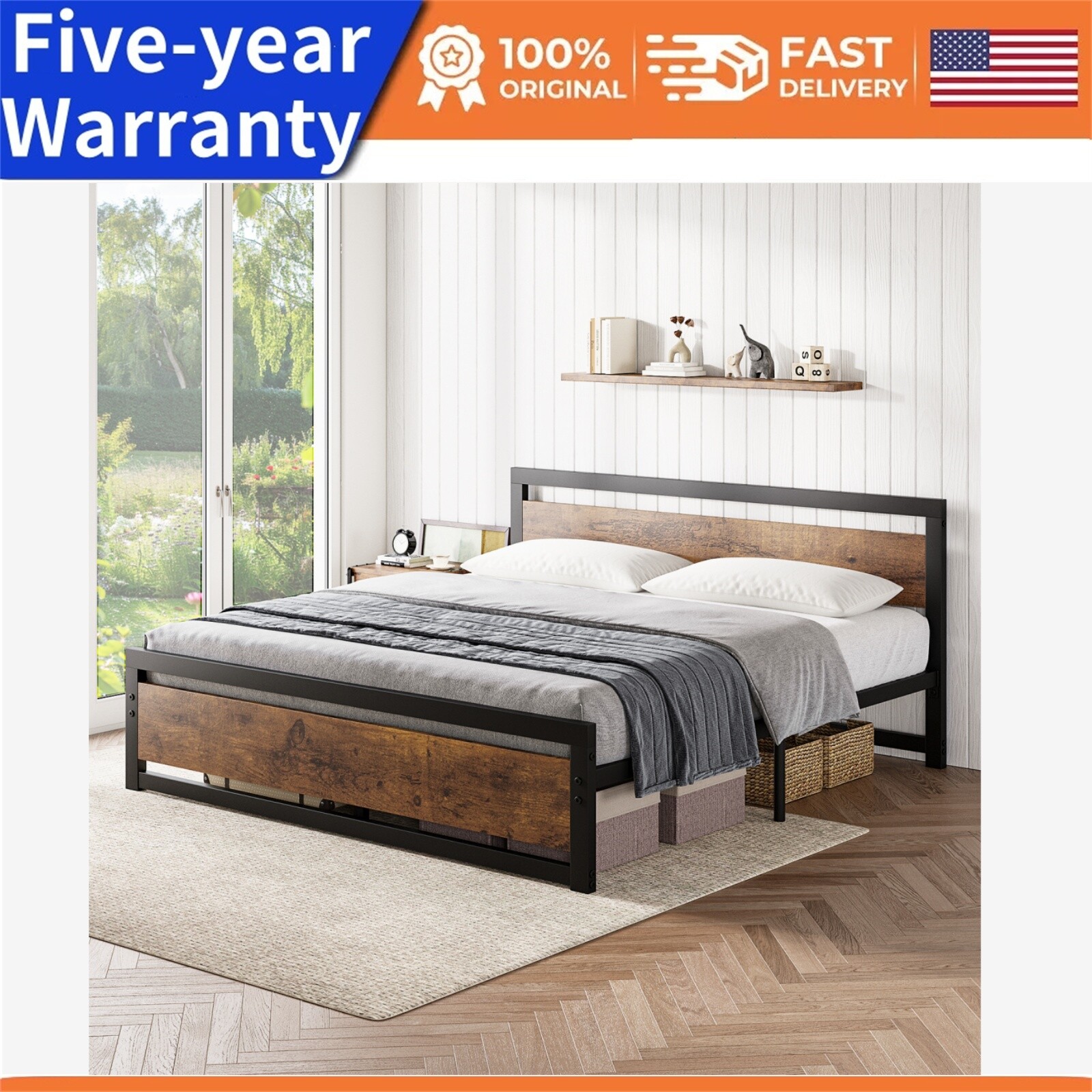 King Size Bed Frame W/Headboard Industrial King Platform Bedframe No Box Spring