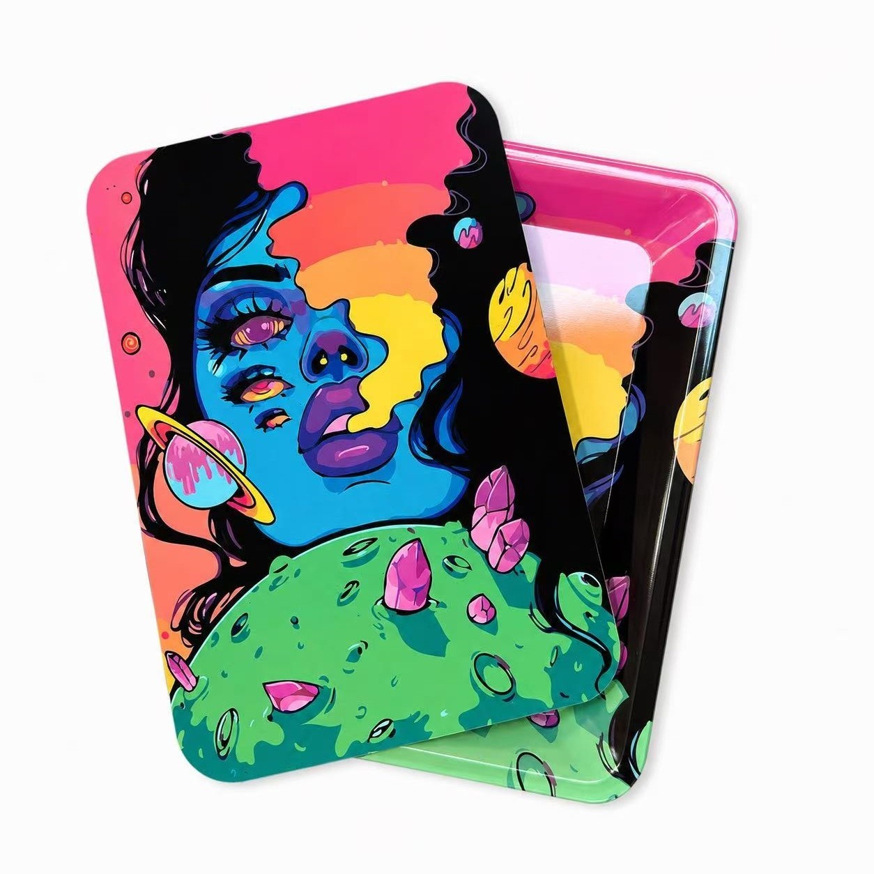 Small Metal Rolling Tray w/ PVC Soft Magnetic Lid | 7" x 5" Psychedelic Art