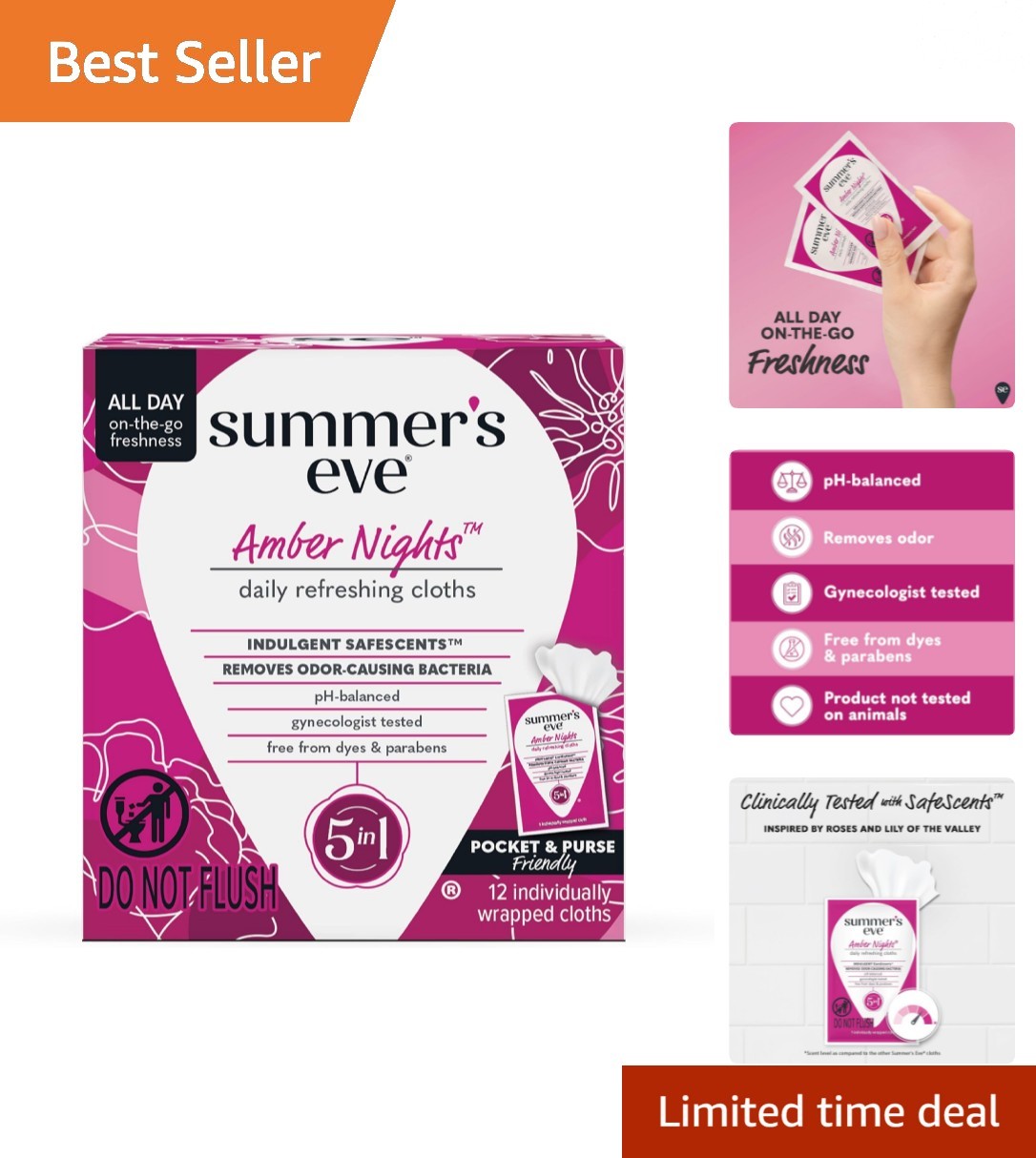 Amber Nights pH-Balanced Feminine Wipes, Odor Eliminating, 12 Count Luxury Care