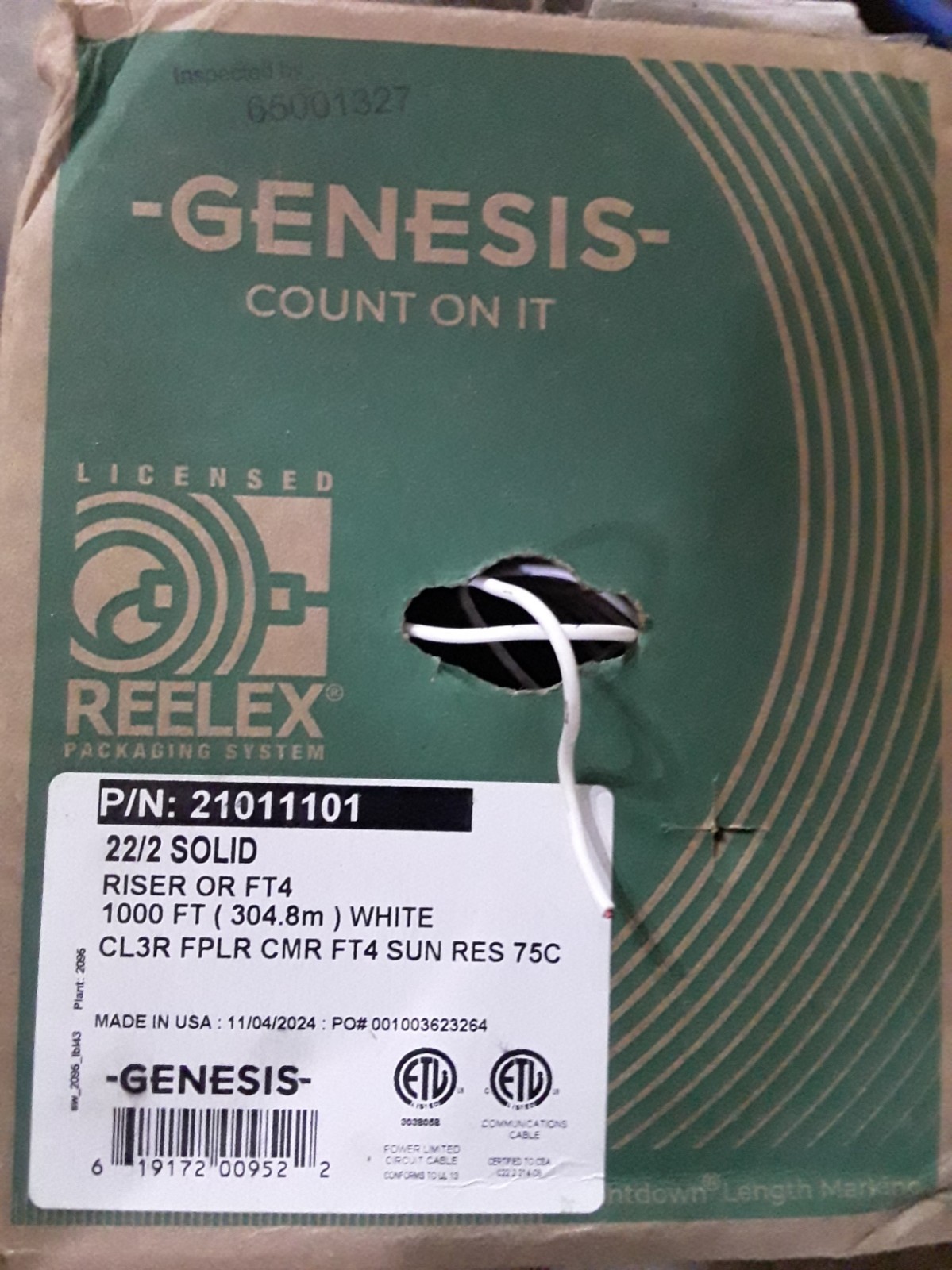 Genesis 21011101 22/2 Solid Unshielded Cable, Riser, CMR, FT4, 1000' (304.8 m) P