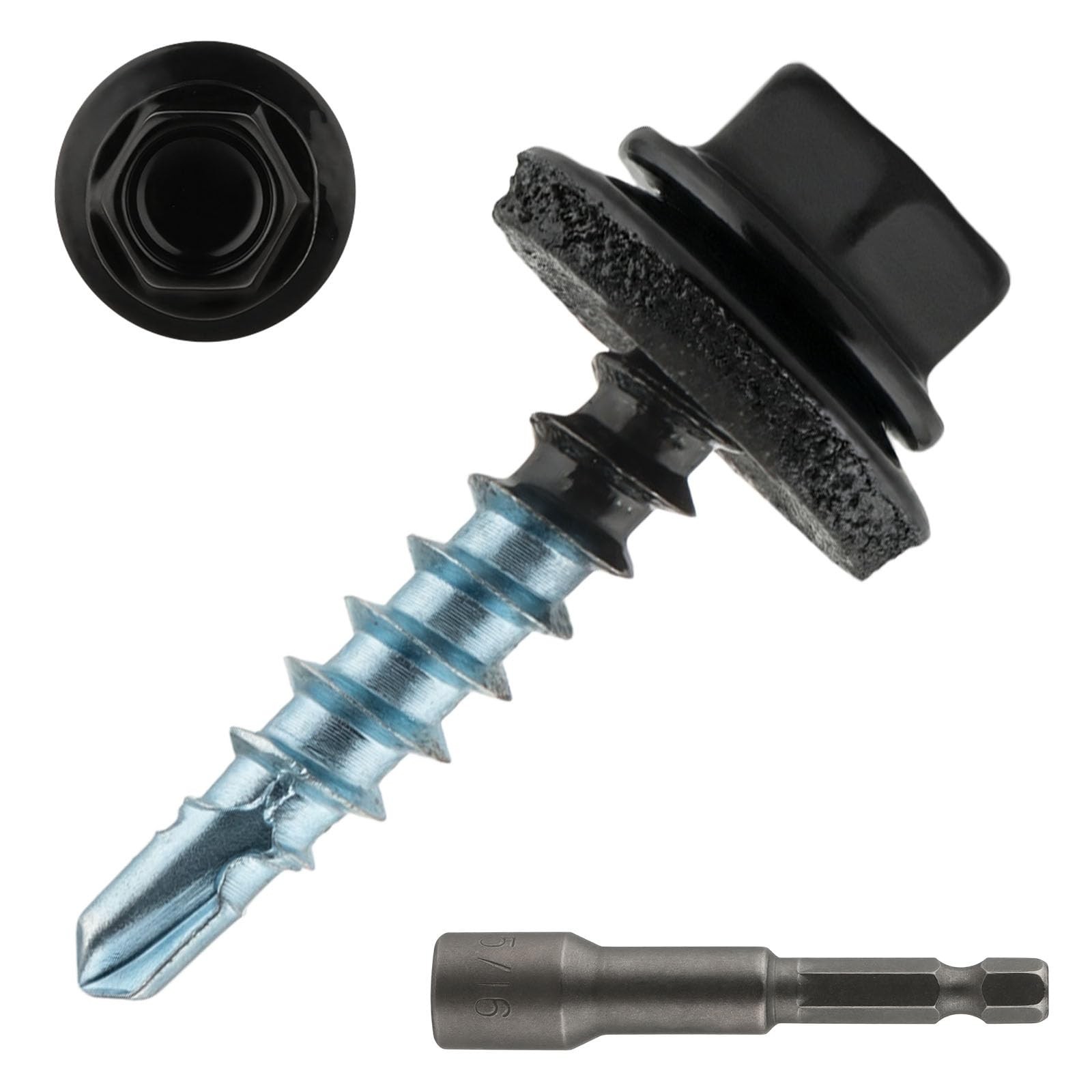300 Pcs #10 x 1 Hex Head Black Metal Roofing Screws with Rubber Washer, Self ...