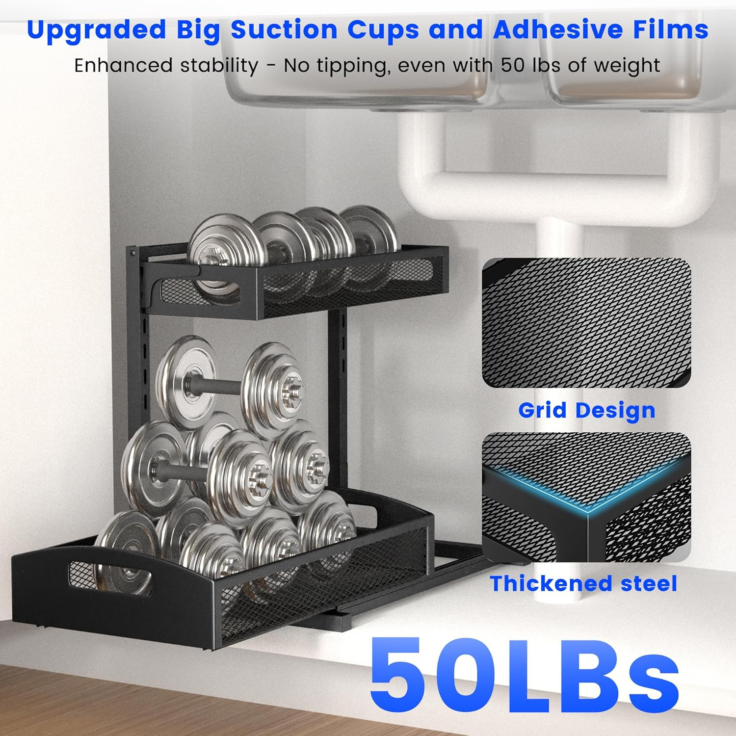 Height Adjustable Under Sink Organizer - 2 Pack Storage for Kitchen & Bathroom
