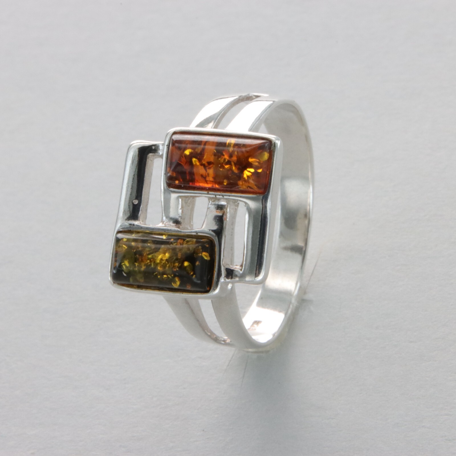 Twin Multi-Color Square Rectangle BALTIC AMBER Ring - 925 STERLING SILVER #36e