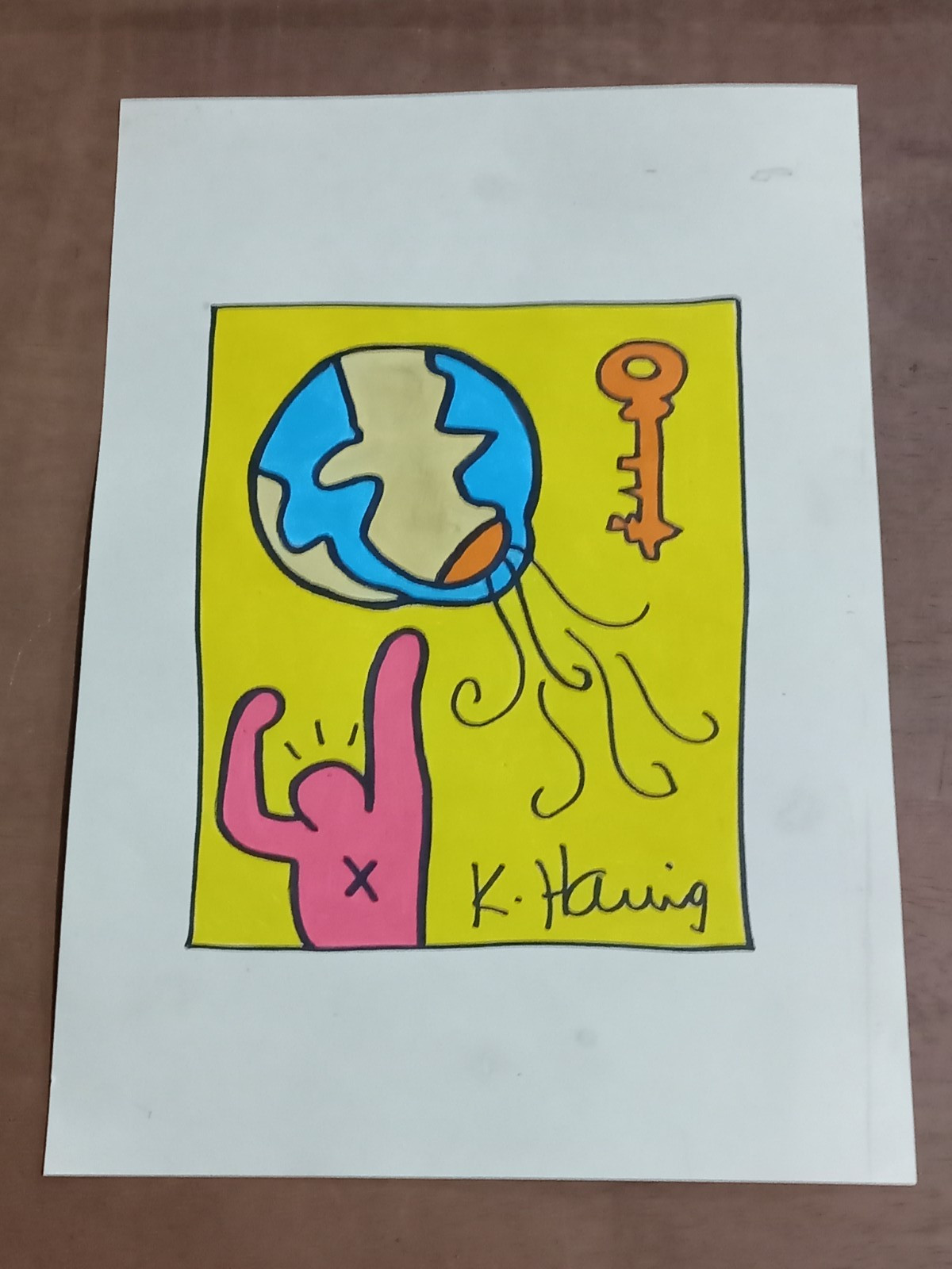 Keith Haring Drawing on paper (Handmade) signed and stamped mixed media.