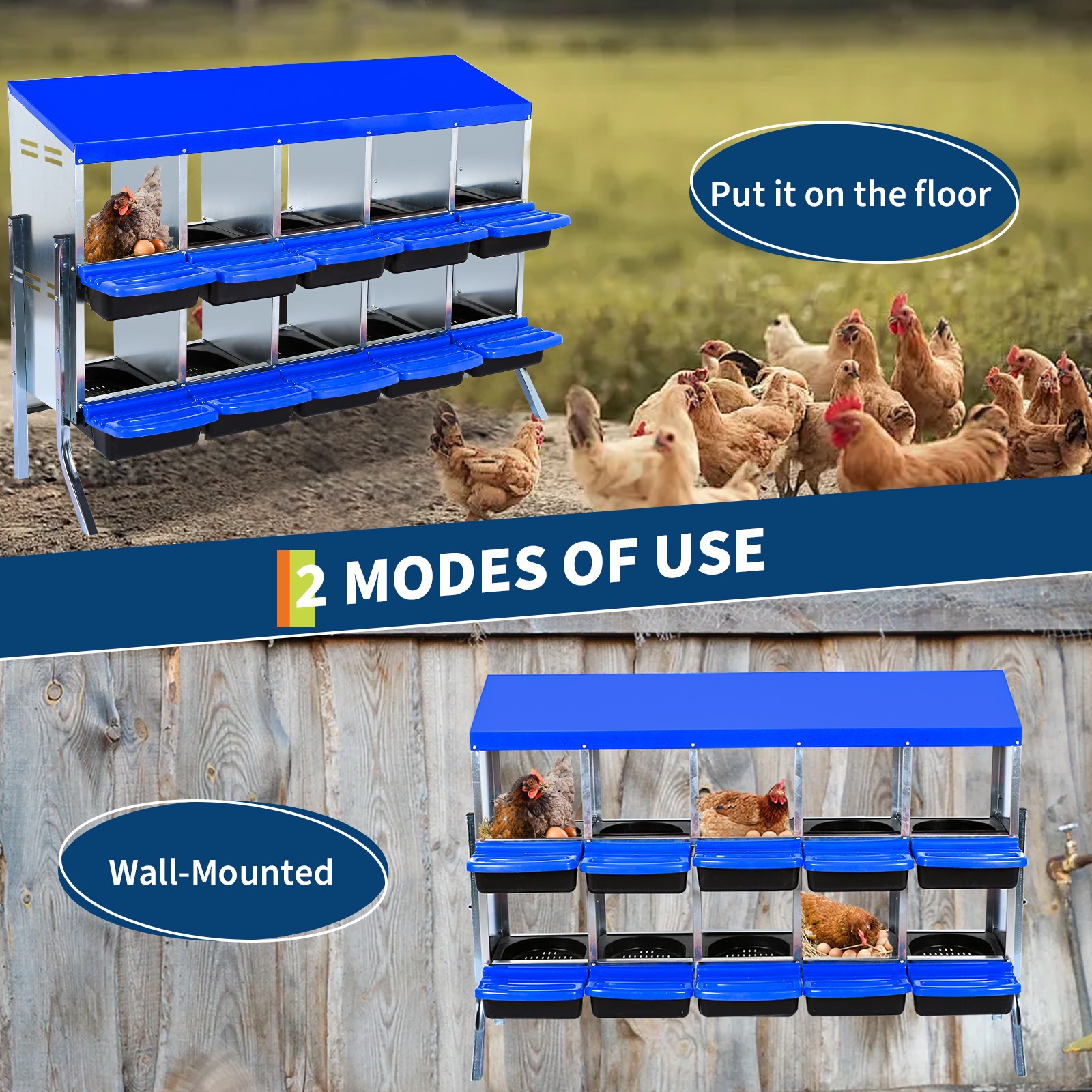 Metal Chicken Nesting Box 10-Compartment Roll Away Nest Box, Protective Lid