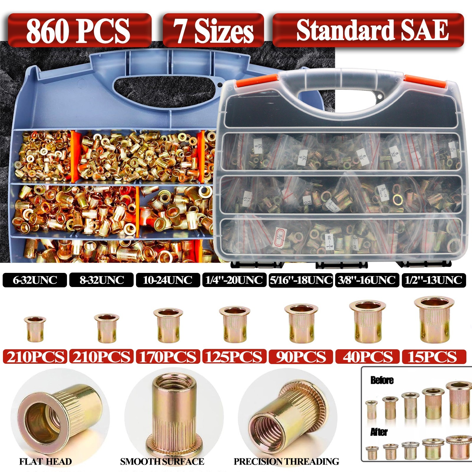 860Pcs Rivet Nut Kit UNC Rivnut Nutsert Assortment #6-32 #8-32 #10-24 1/4" 5/16"