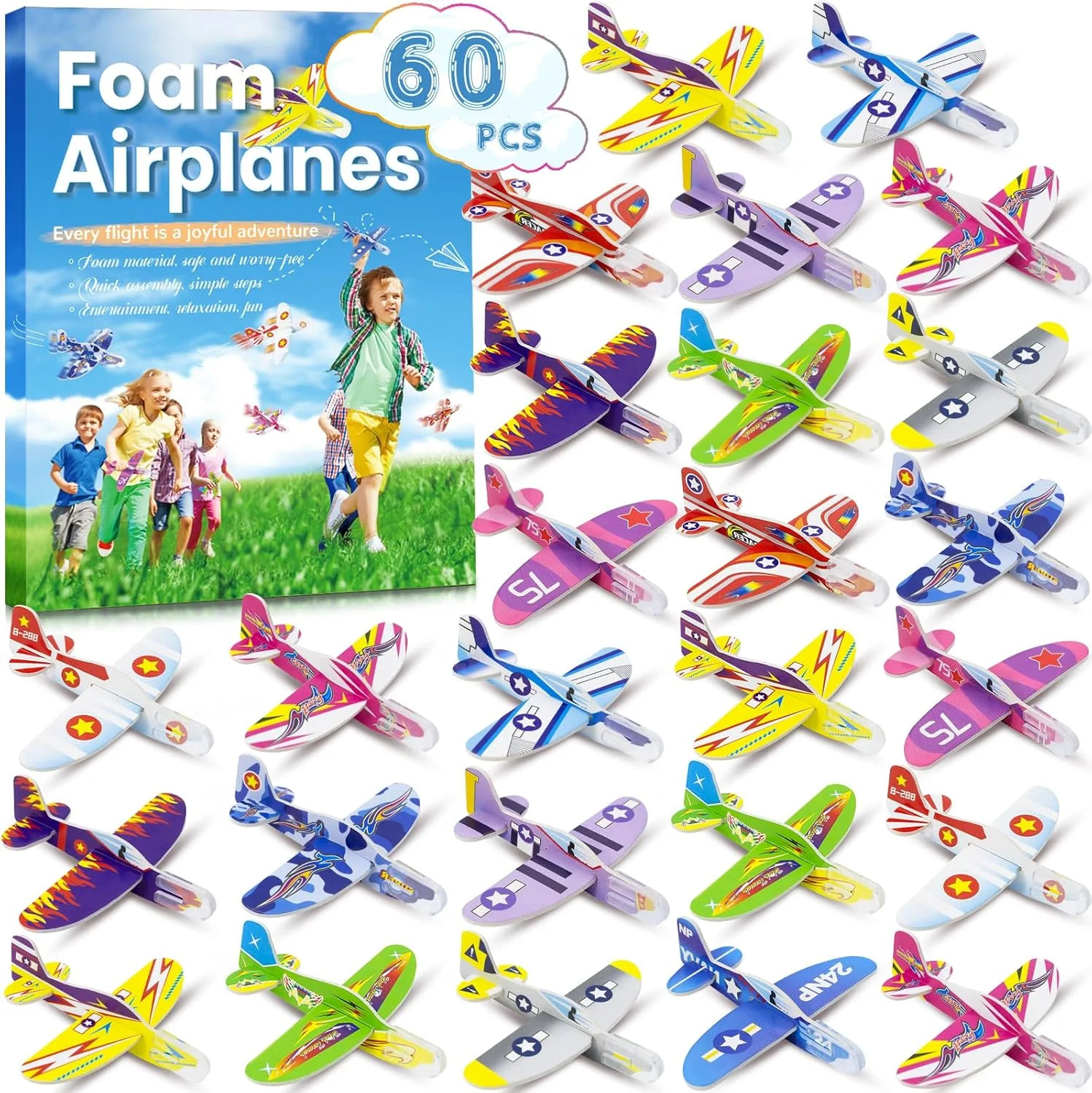 Paper Airplanes for Kids Foam Plane Glider Planes Toys Bulk | 60 Pack Throwing P