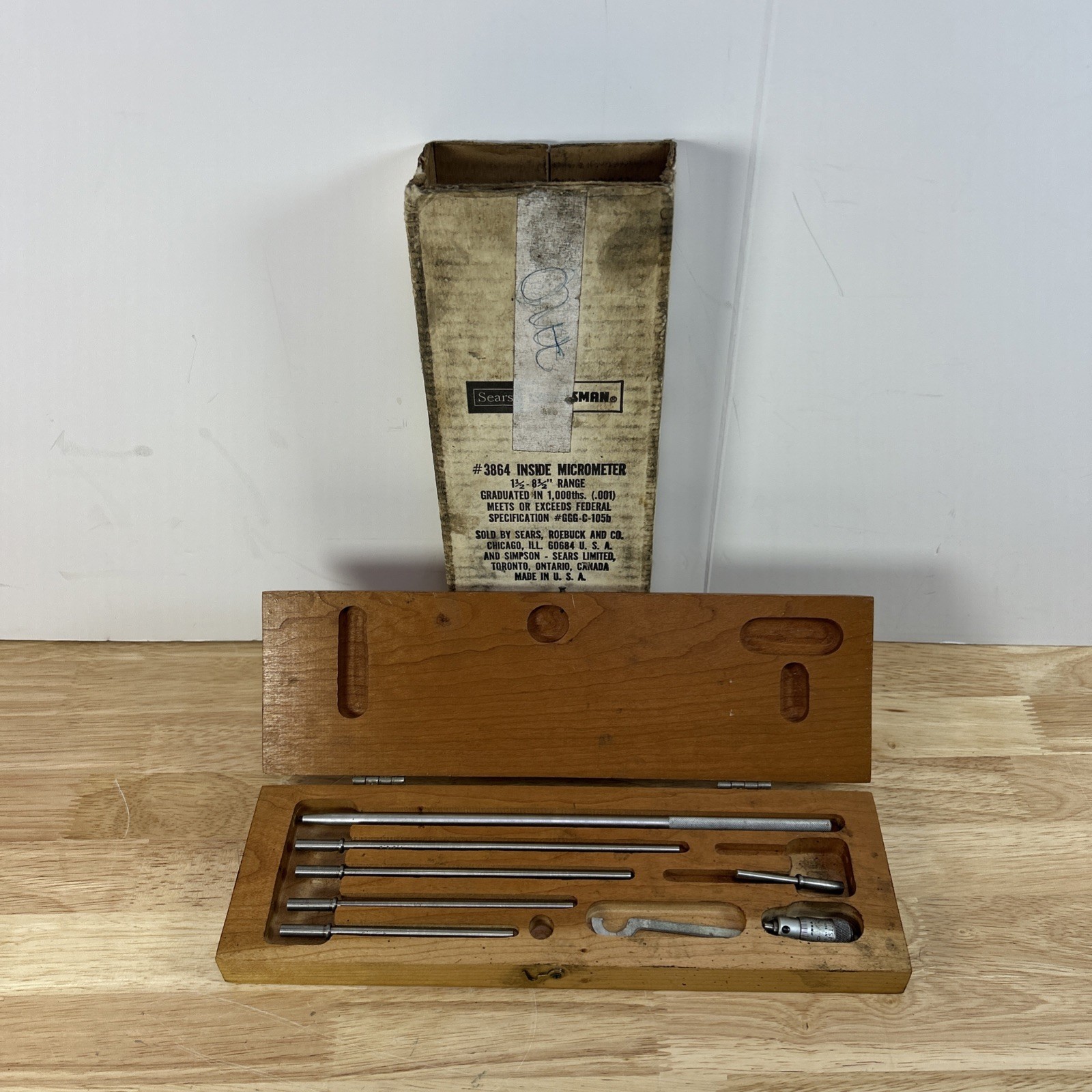 Sears Craftsman Inside Micrometer Set #3864 Vintage In Wood Craftsman Box