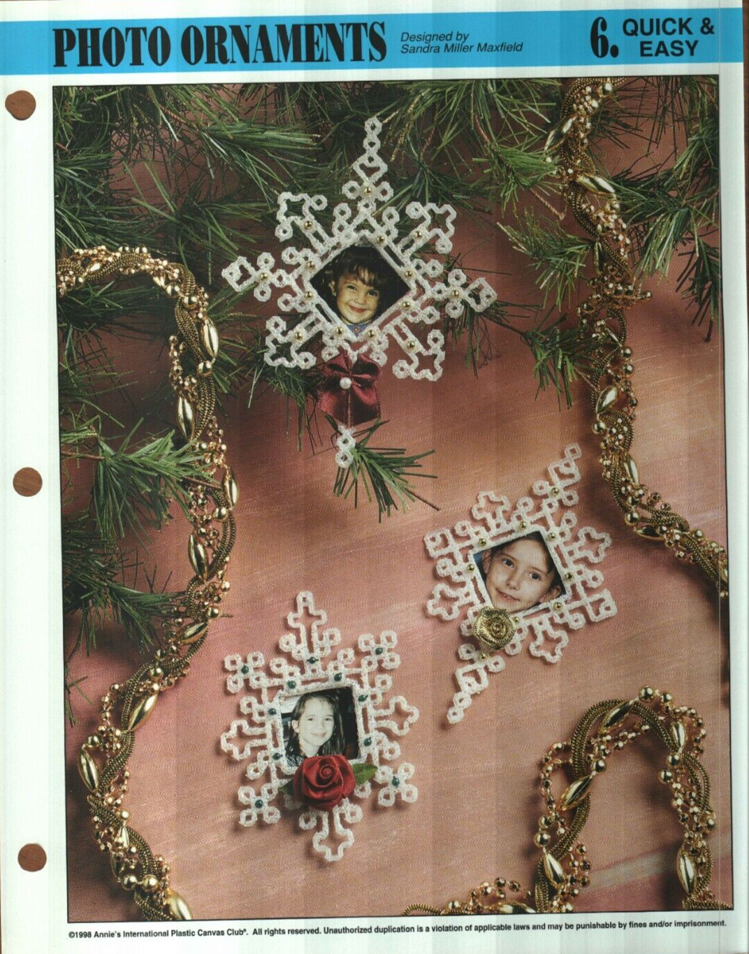 NEW 3 PHOTO ORNAMENTS CHRISTMAS ANNIE'S PLASTIC CANVAS PATTERN INSTRUCTIONS