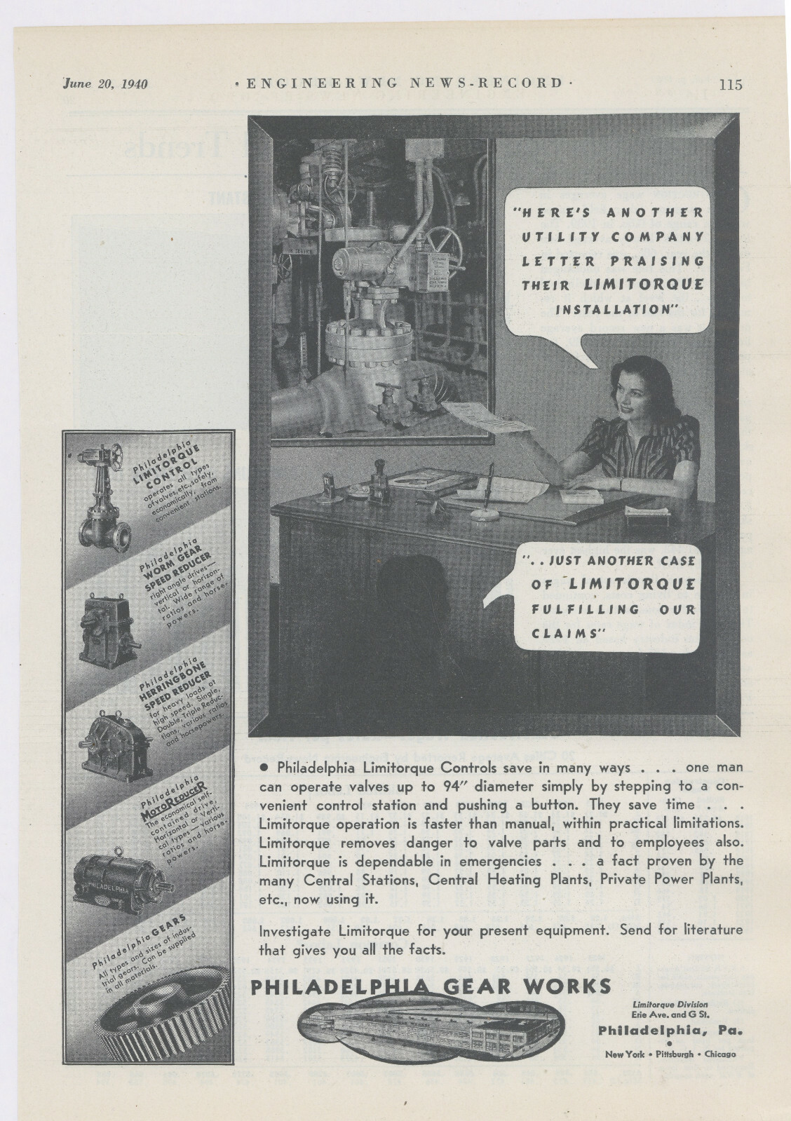 1940 Philadelphia Gear Works Advertisement: Philadelphia Limitorque Valve Contr.