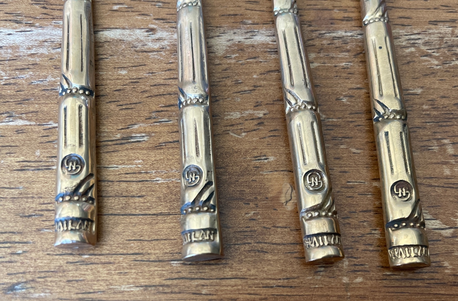 19 PIECE VINTAGE CUTLERY SET NICKEL & BRONZE BAMBOO FLATWARE THAI SET
