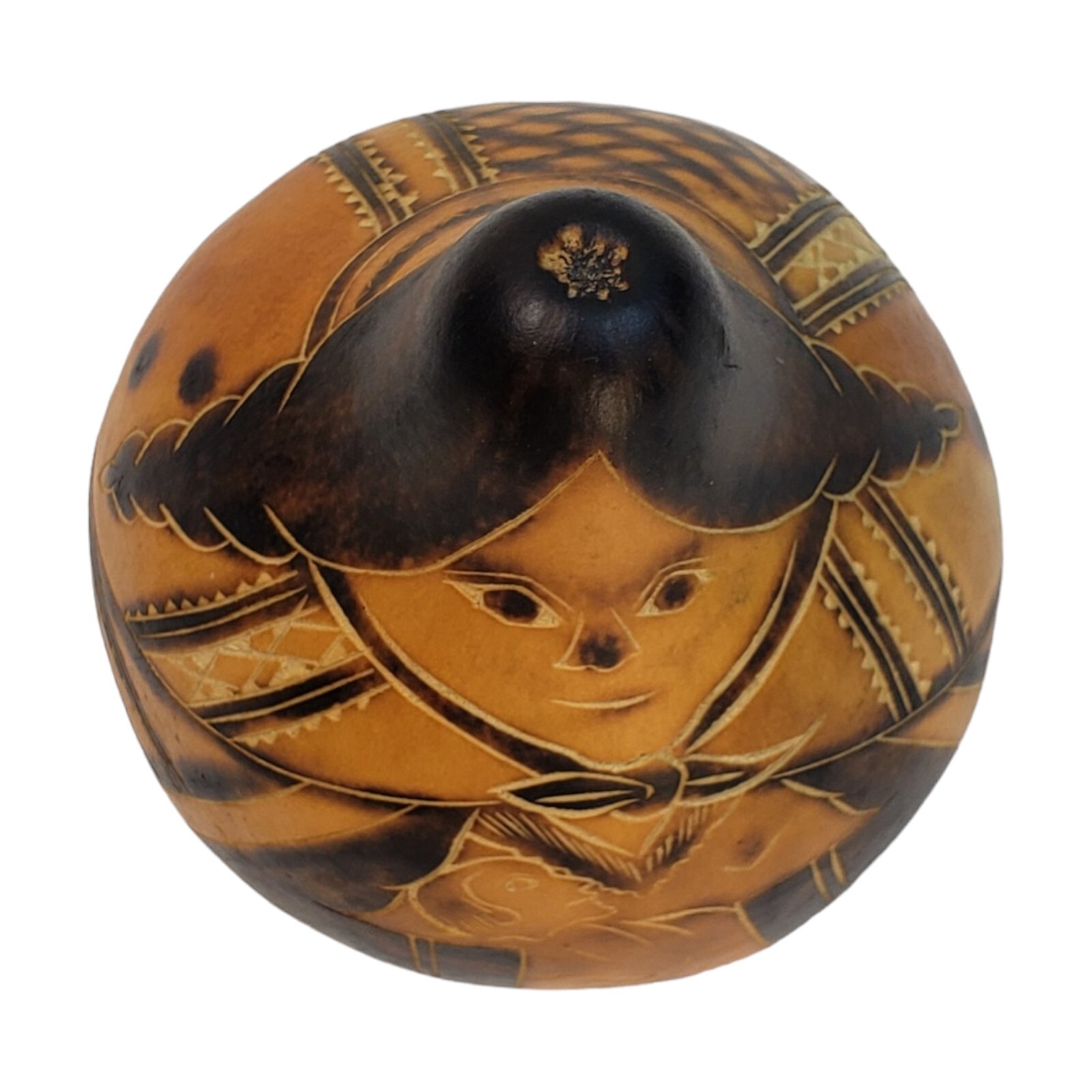 Vintage Gourd Art Hand Carved Real Gourd 5" Peru Peruvian Inca Mayan Madonna