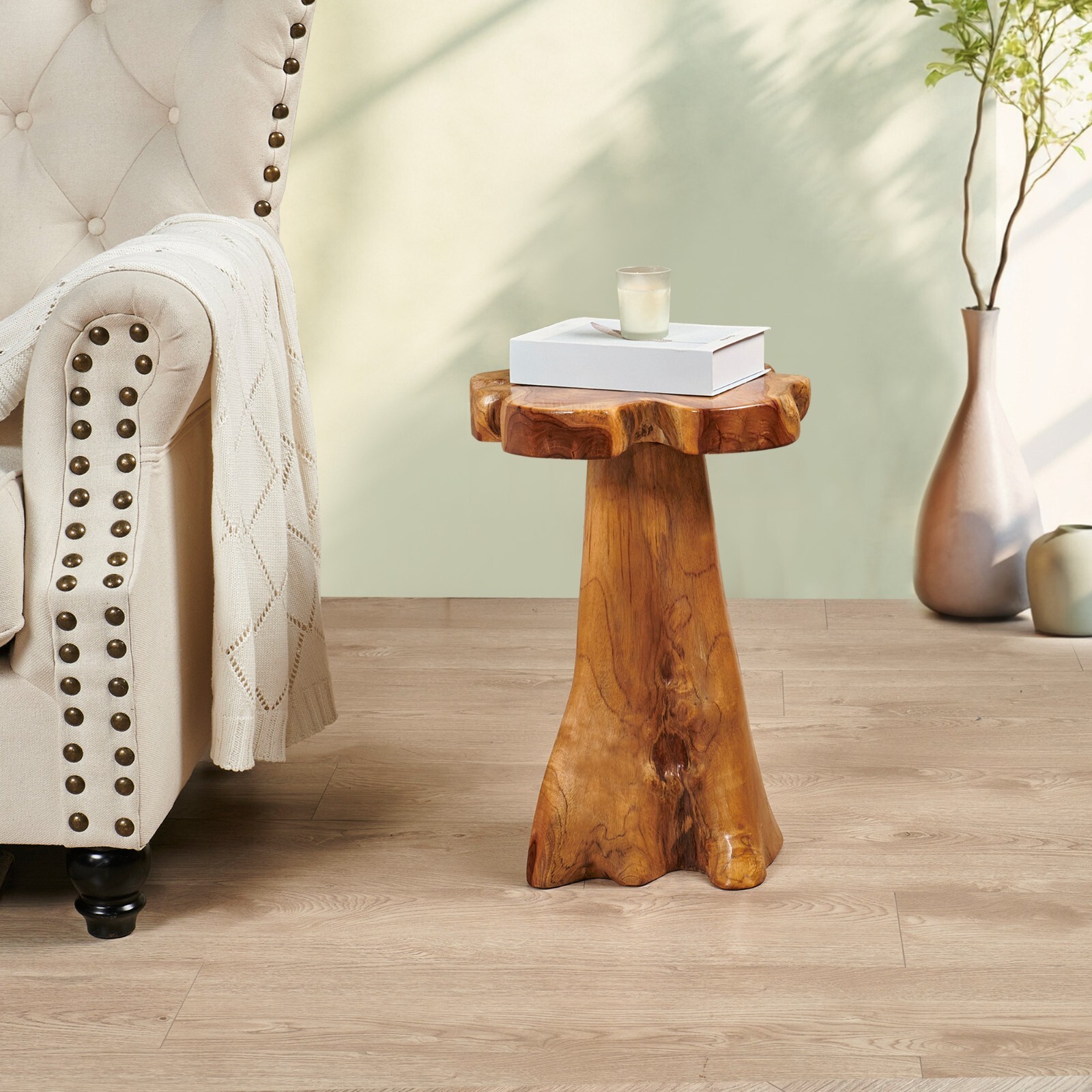 Rustic Teak Tree Stump Table – Live Edge Side Table or Stool, Natural Wood, Gift