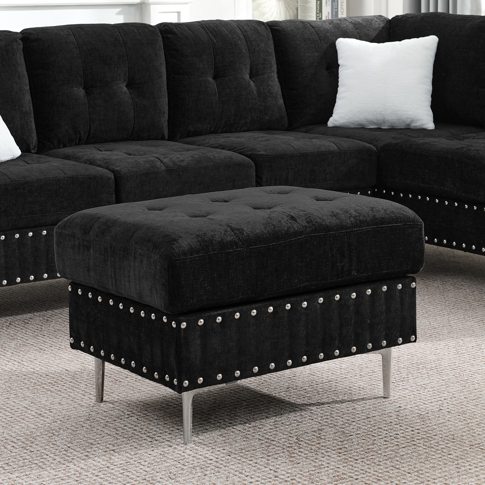 Sectional 3-Seaters Sofa with Chaise, Storage Ottoman, Metal Legs and Copper Na