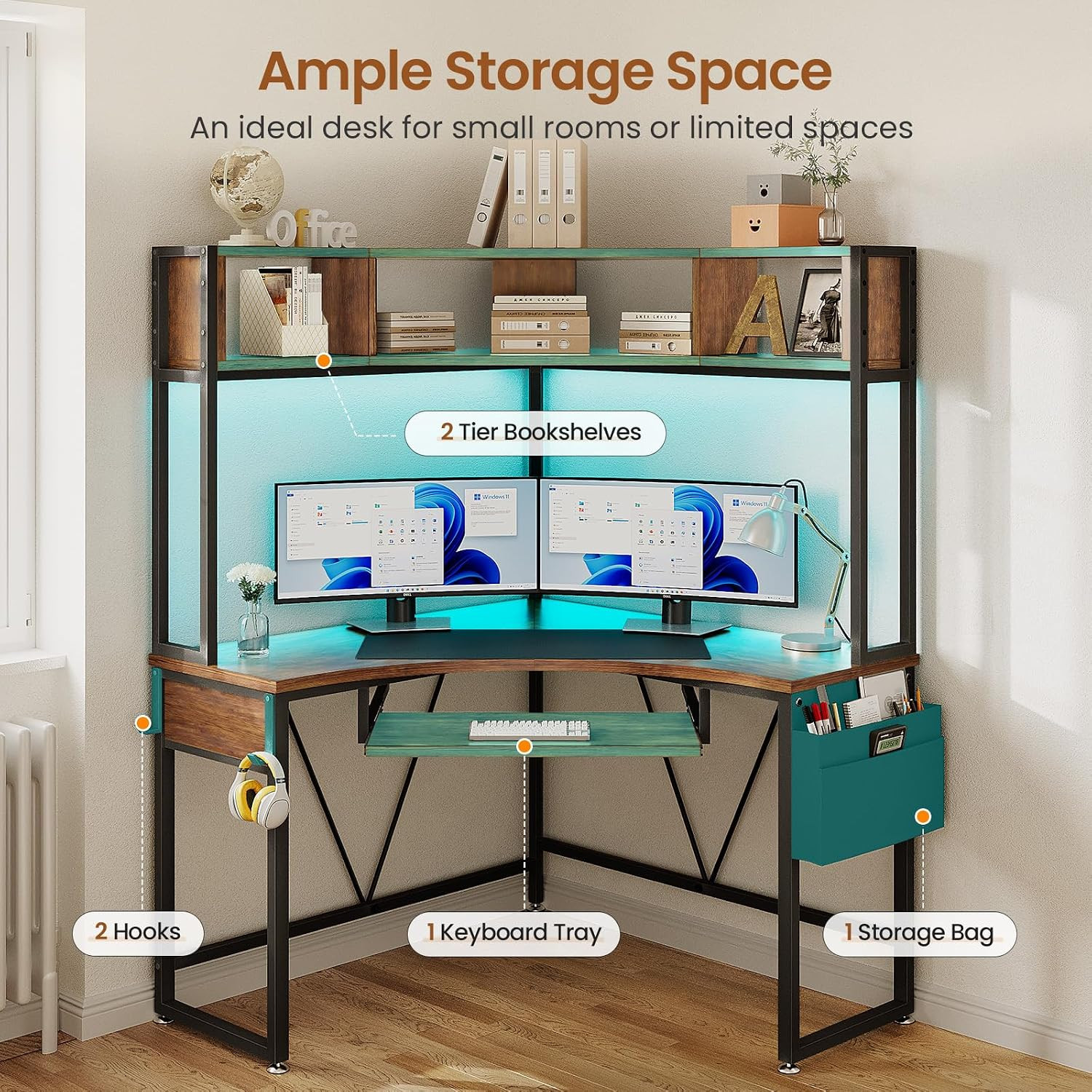 39" Spacious Corner Desk with Hutch, Storage for Small Space | 62" Triangular Co