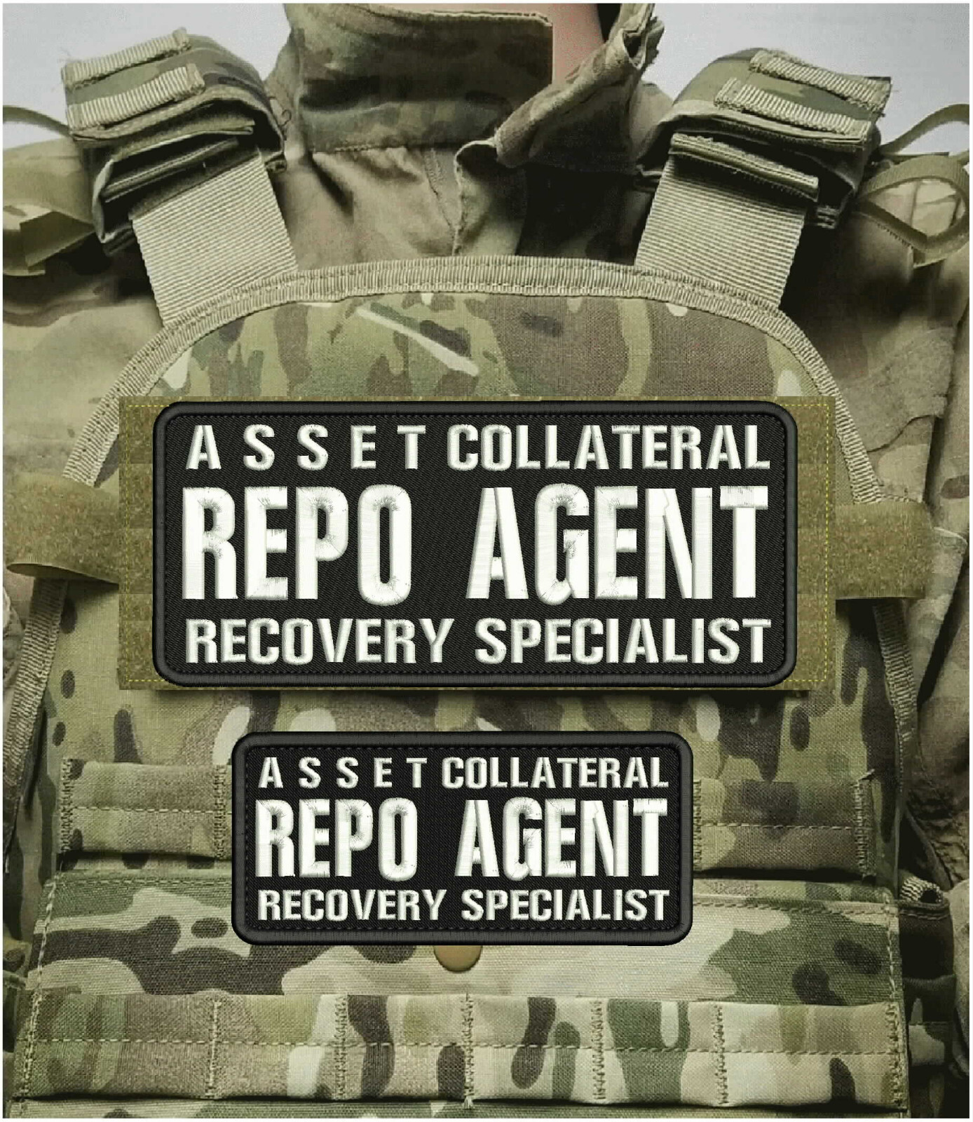 ASSET C REPO AGENT R S EMBROIDERY PATCH 4X10 & 3X7 HOOK ON BACK white on black