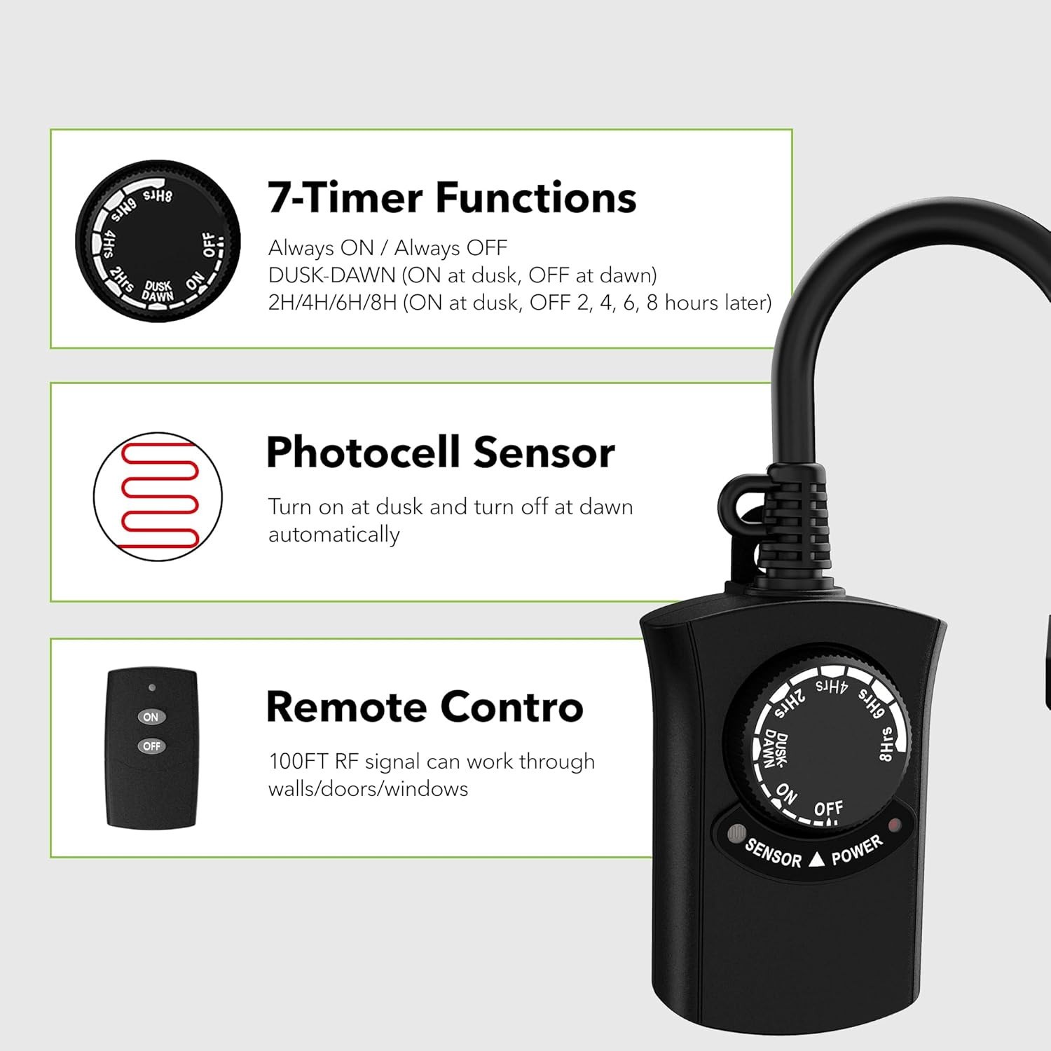 HBN Outdoor Light Timer with Remote Control, Waterproof Light Sensor Timer