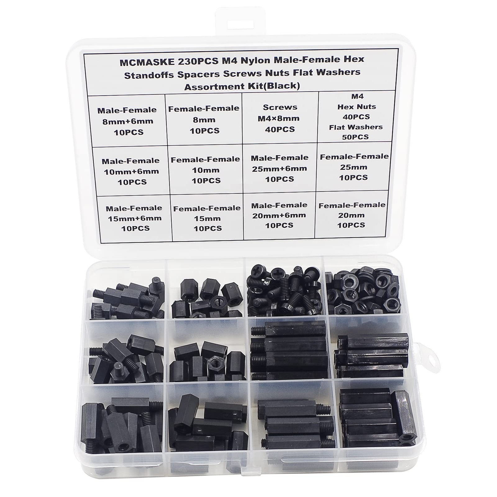 M4 Nylon Male-Female Hex Standoffs Spacers Screws Nuts Flat Washers Assortmen...